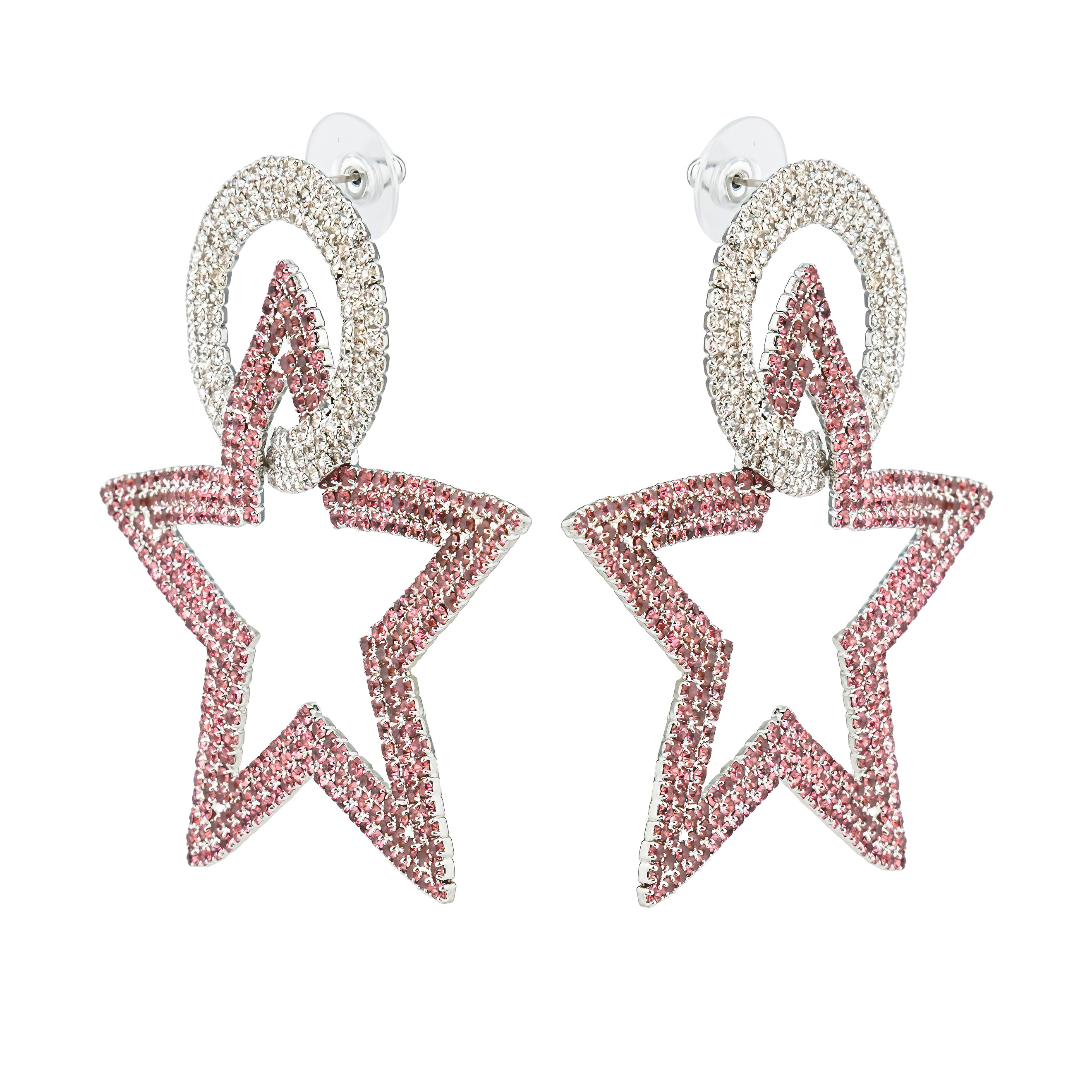 earrings with pink stars completelcovered with crystals