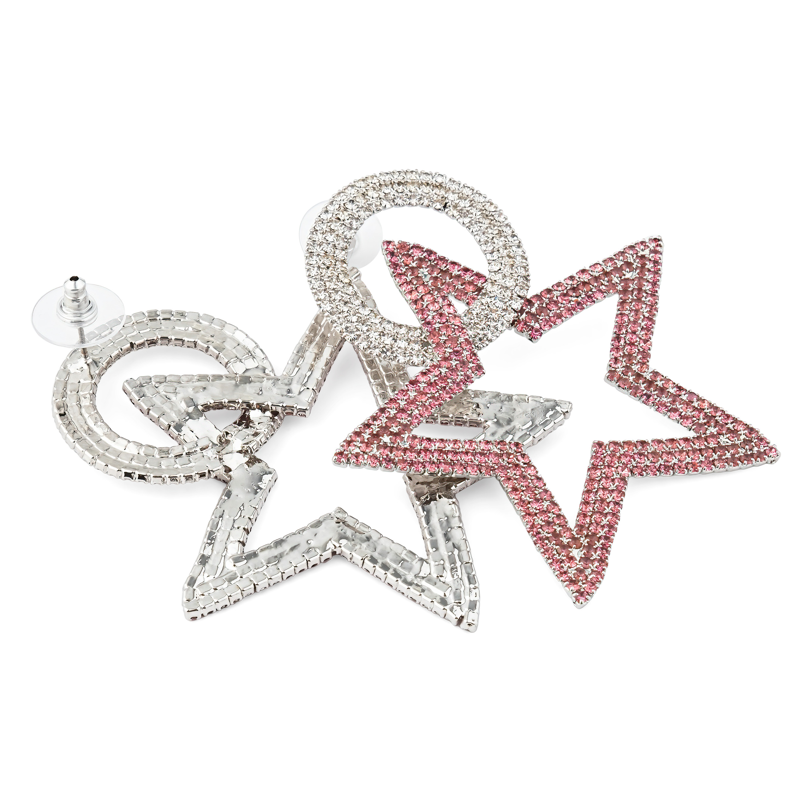earrings with pink stars completelcovered with crystals
