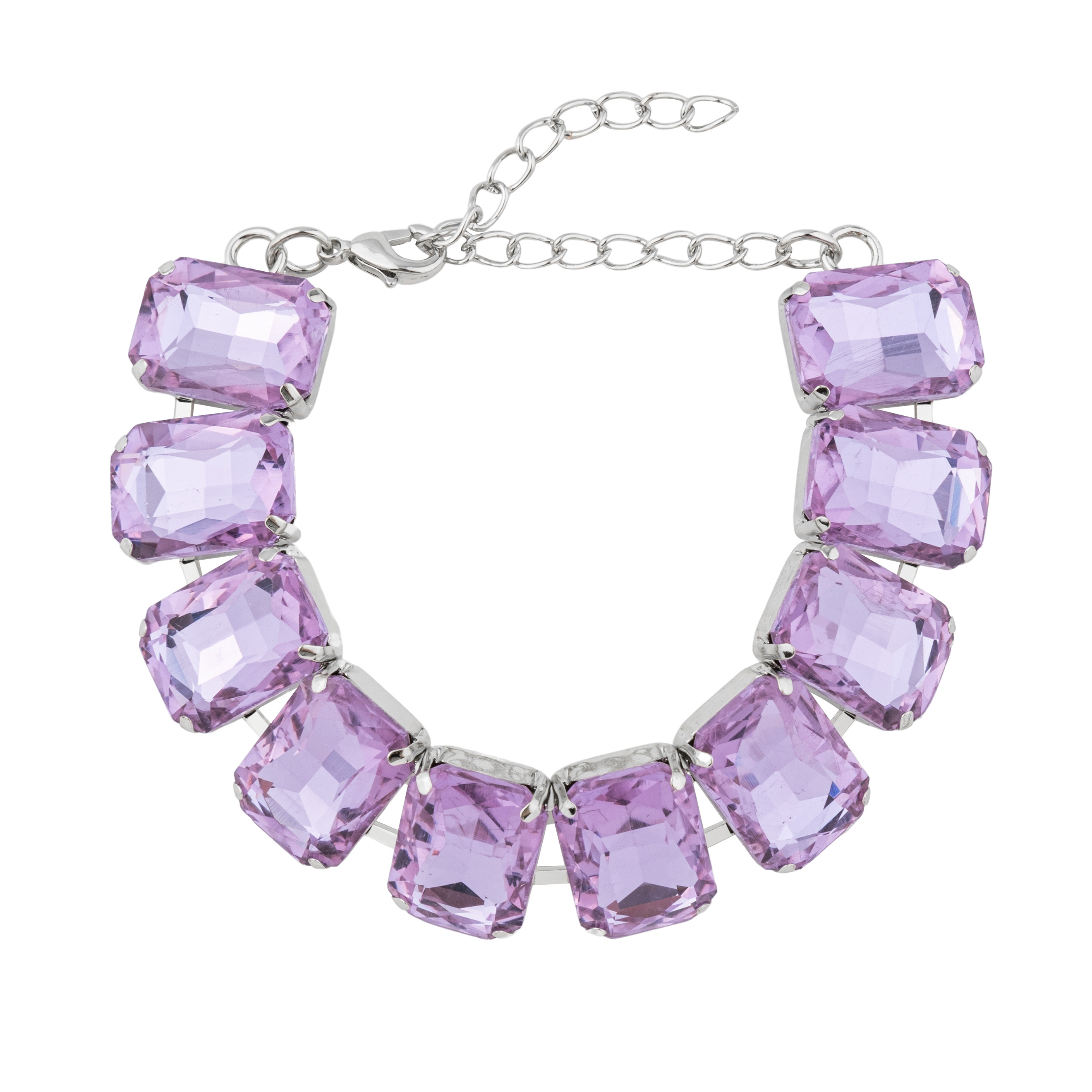 Silver bracelet with large purple crystals