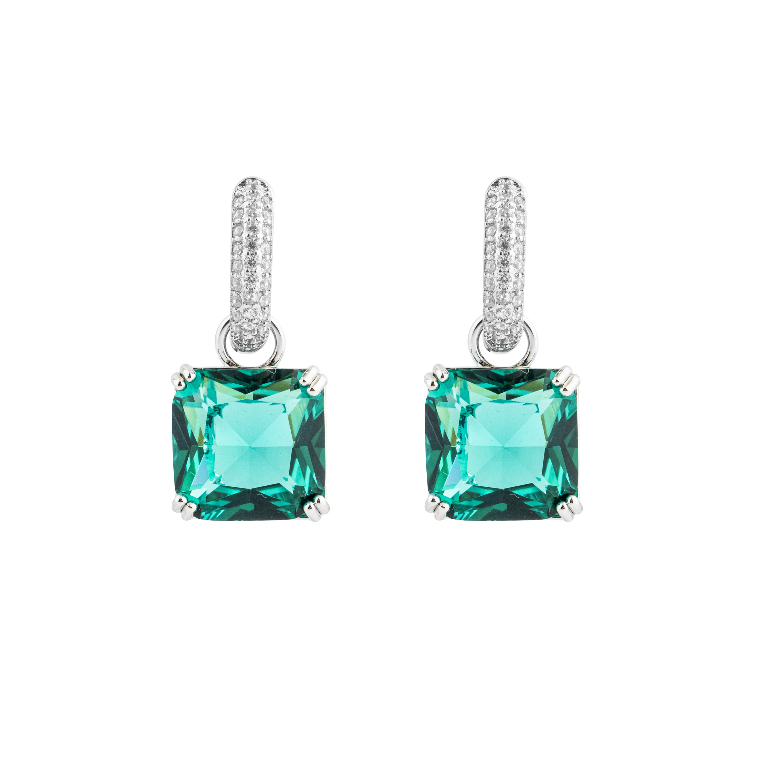 earrings with square green crystal and peacock