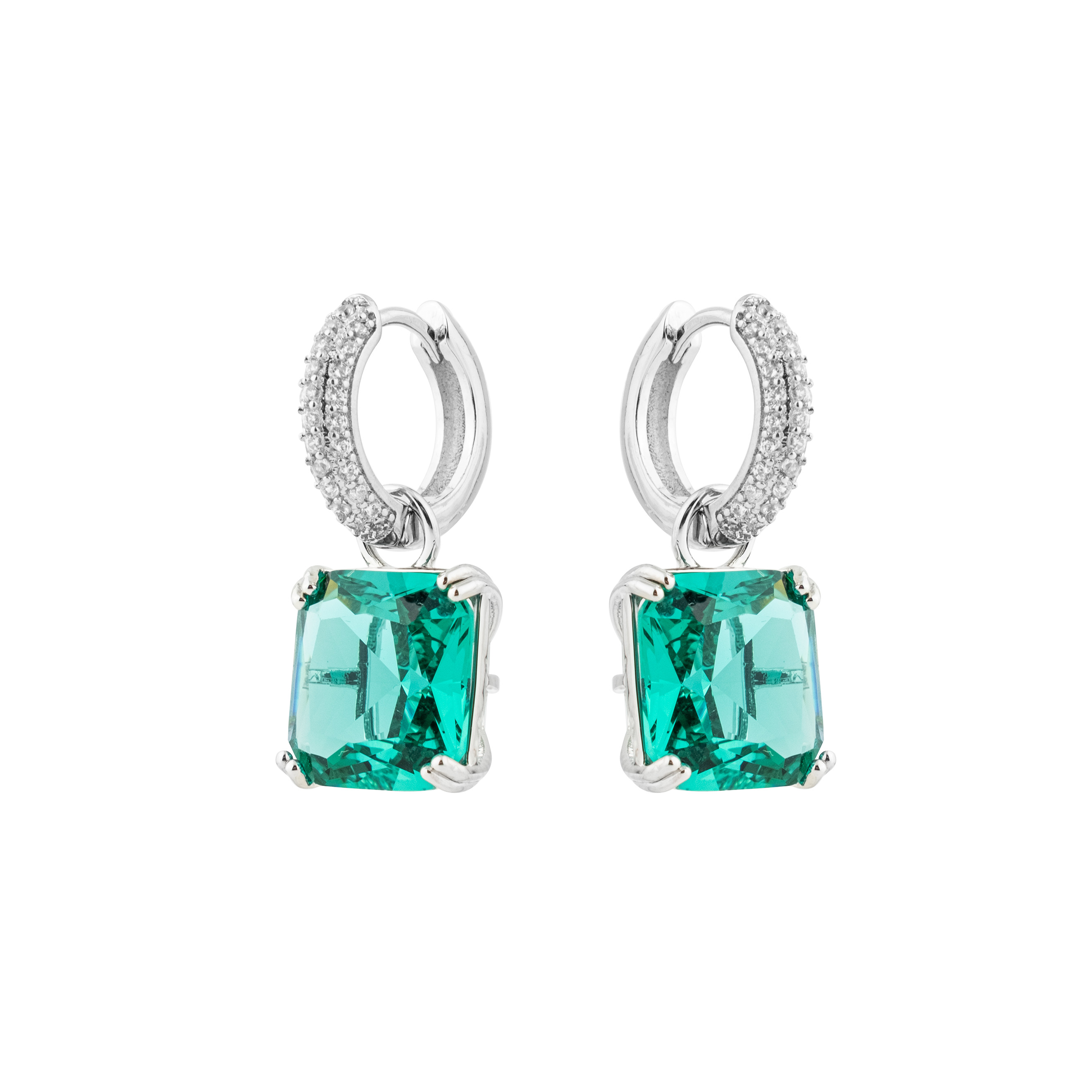 earrings with square green crystal and peacock
