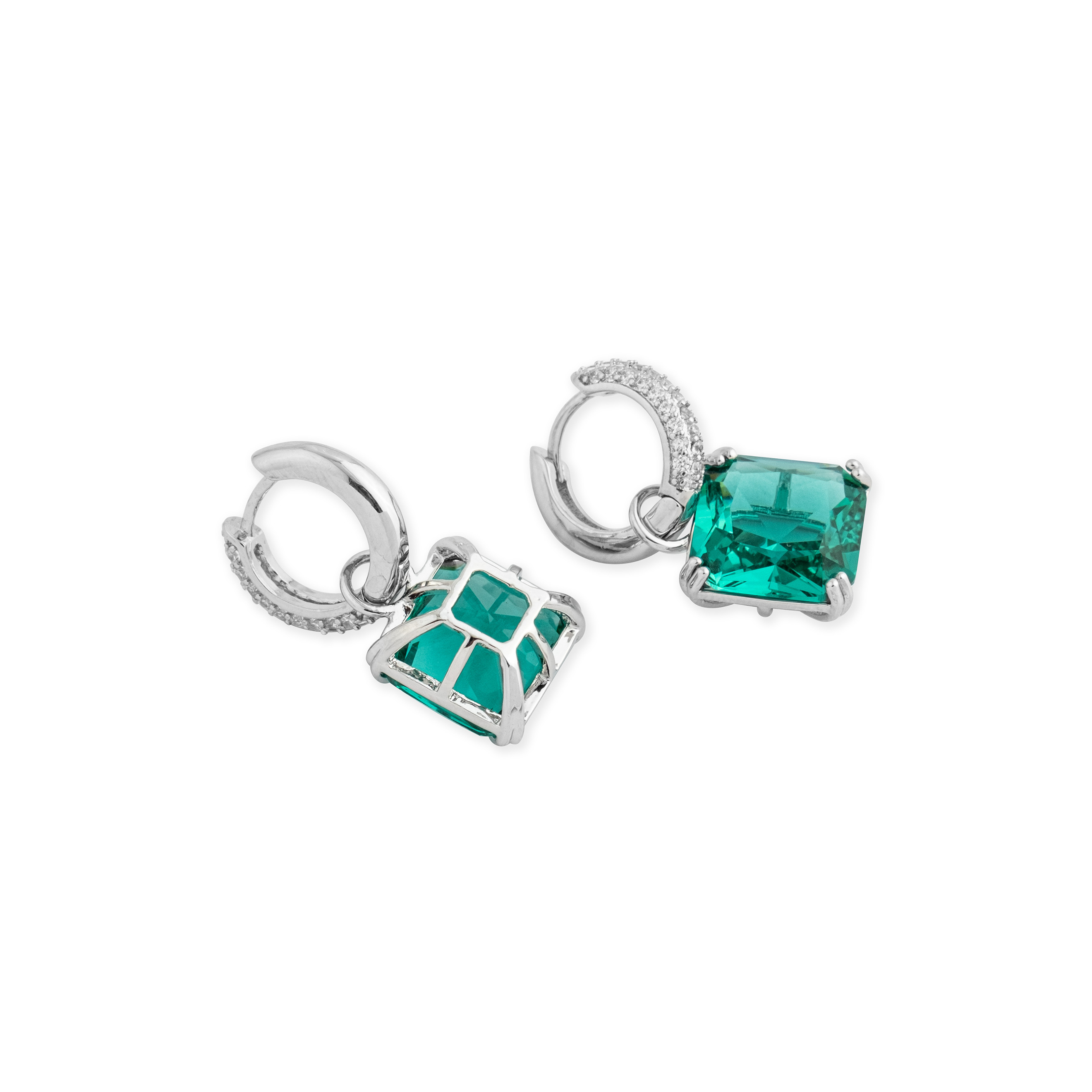 earrings with square green crystal and peacock