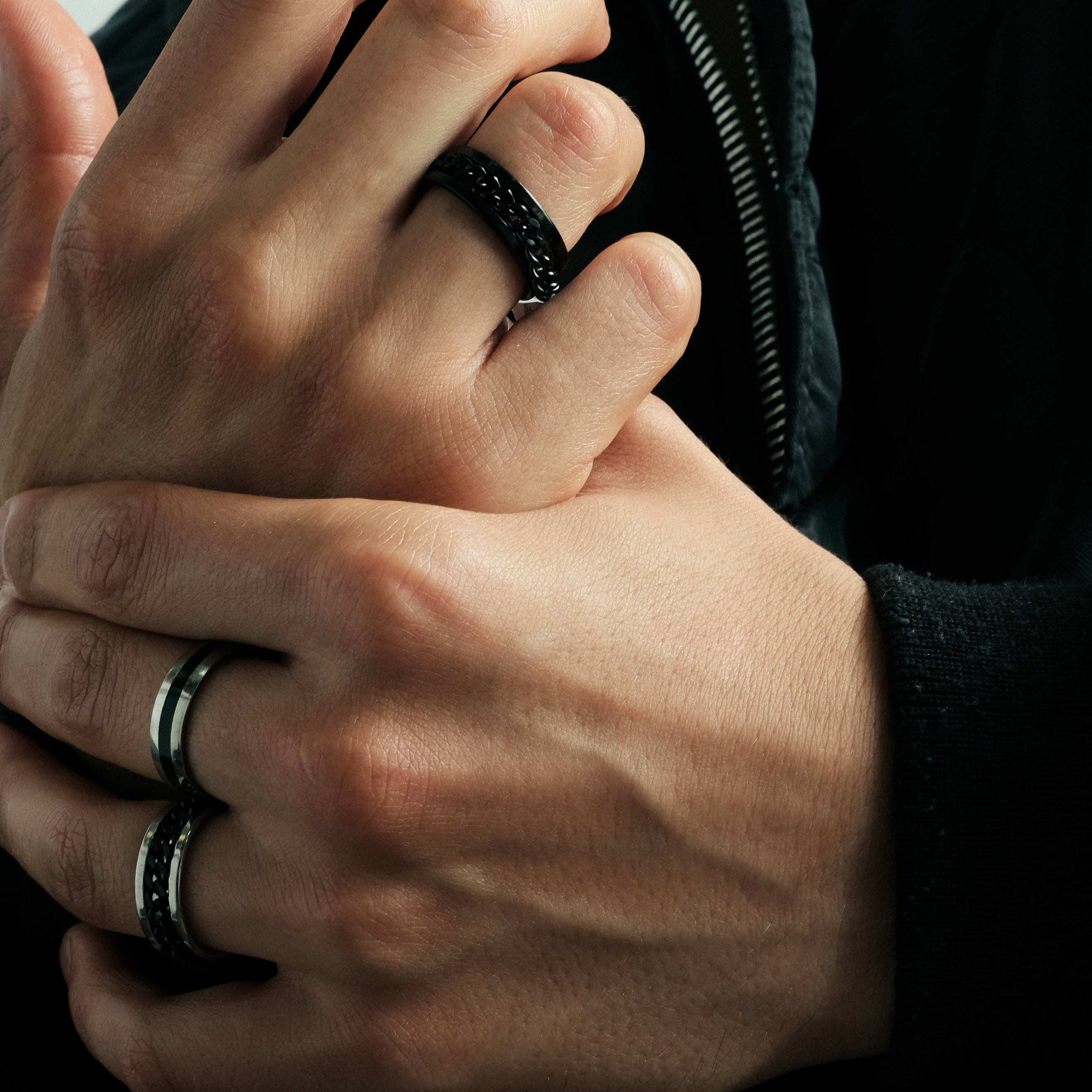 Steel black ring with black chain