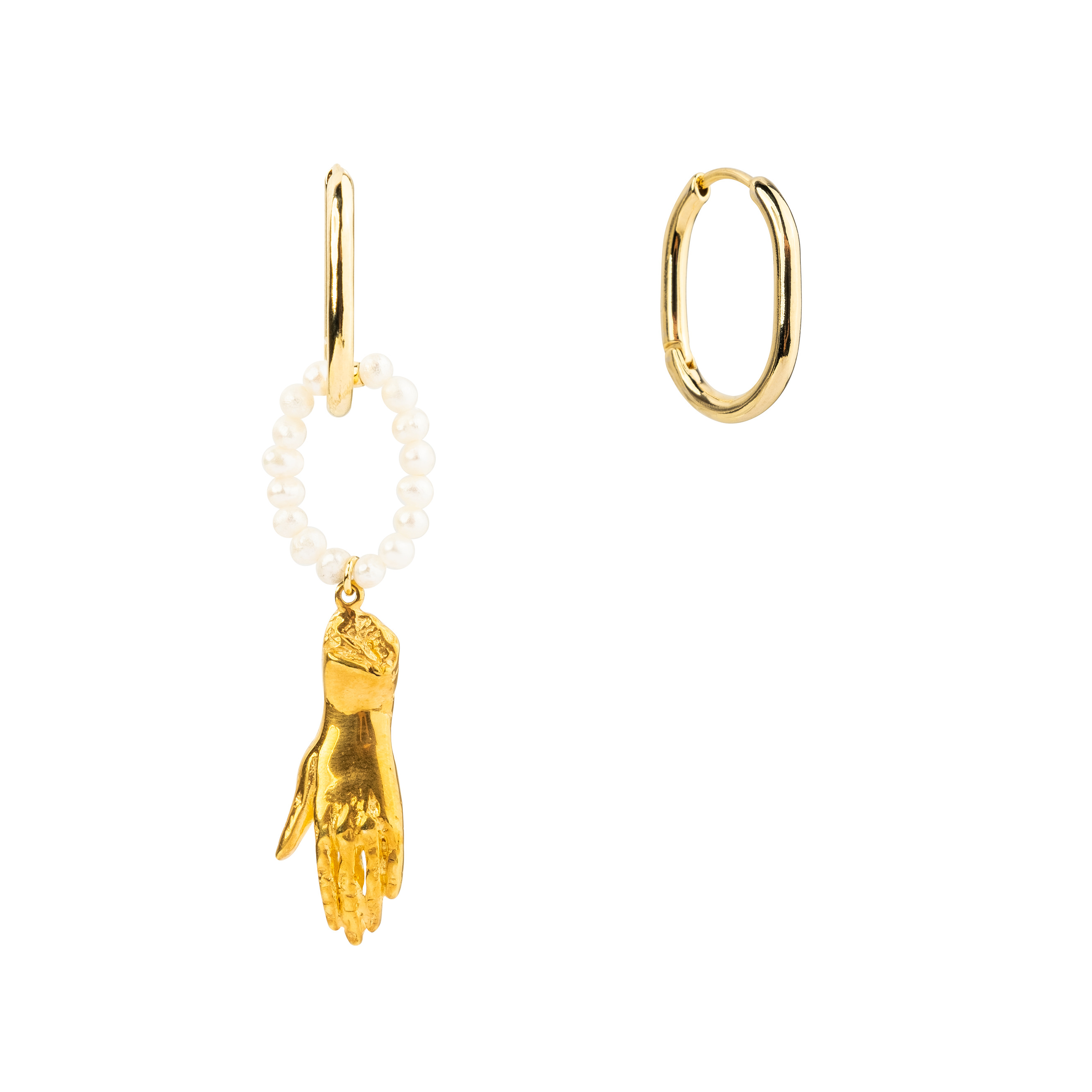 Asymmetric Pearl Ring Earrings with Hand
