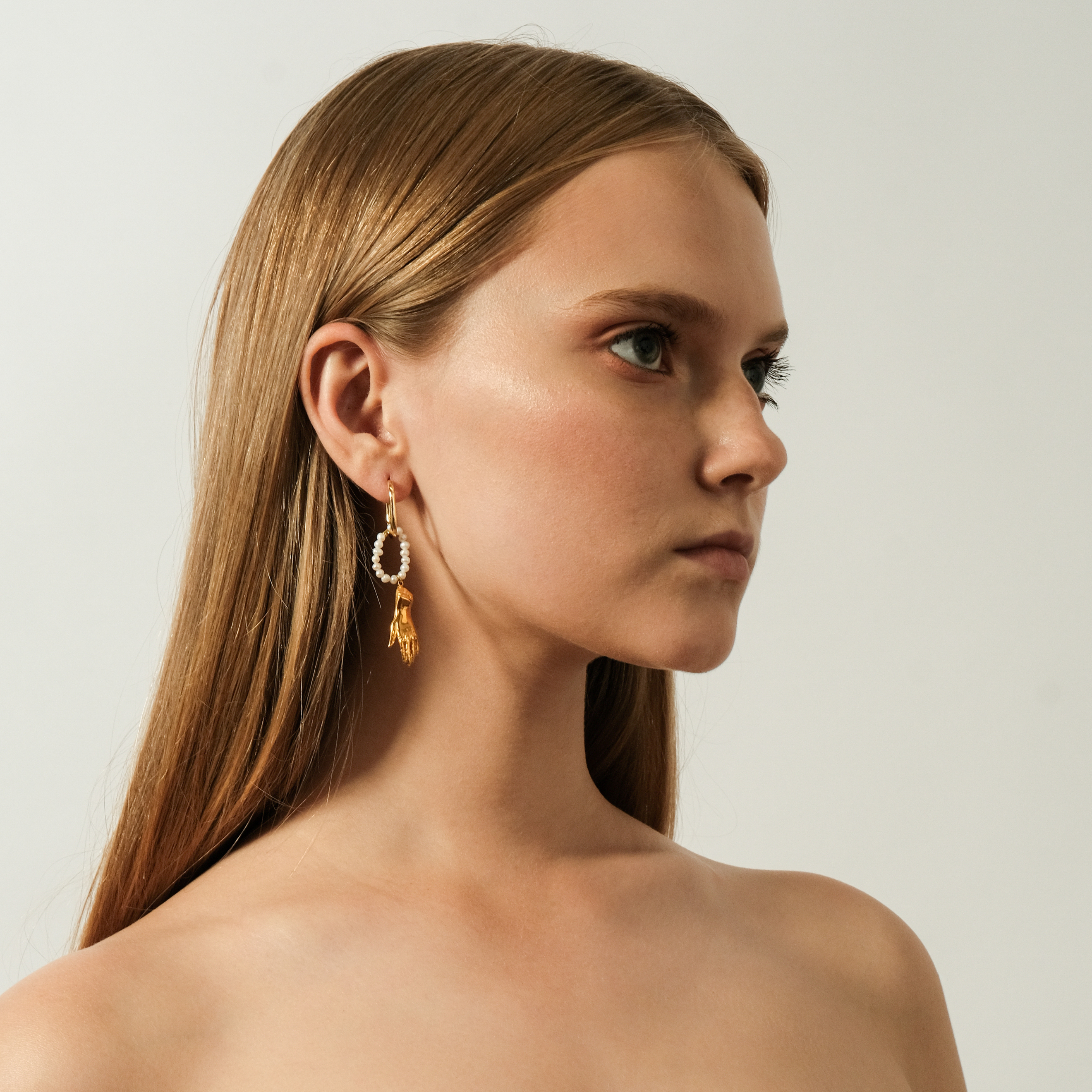 Asymmetric Pearl Ring Earrings with Hand