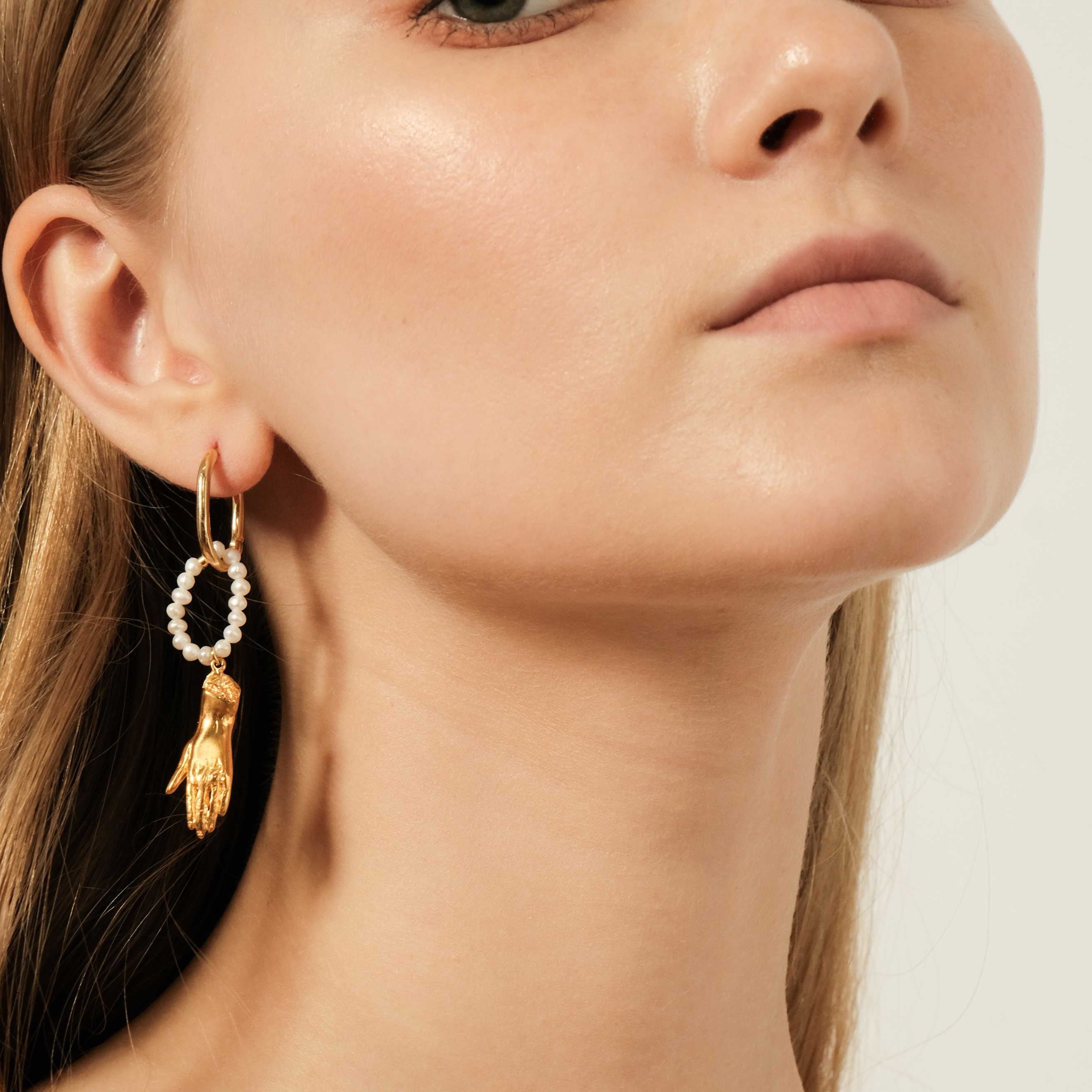 Asymmetric Pearl Ring Earrings with Hand