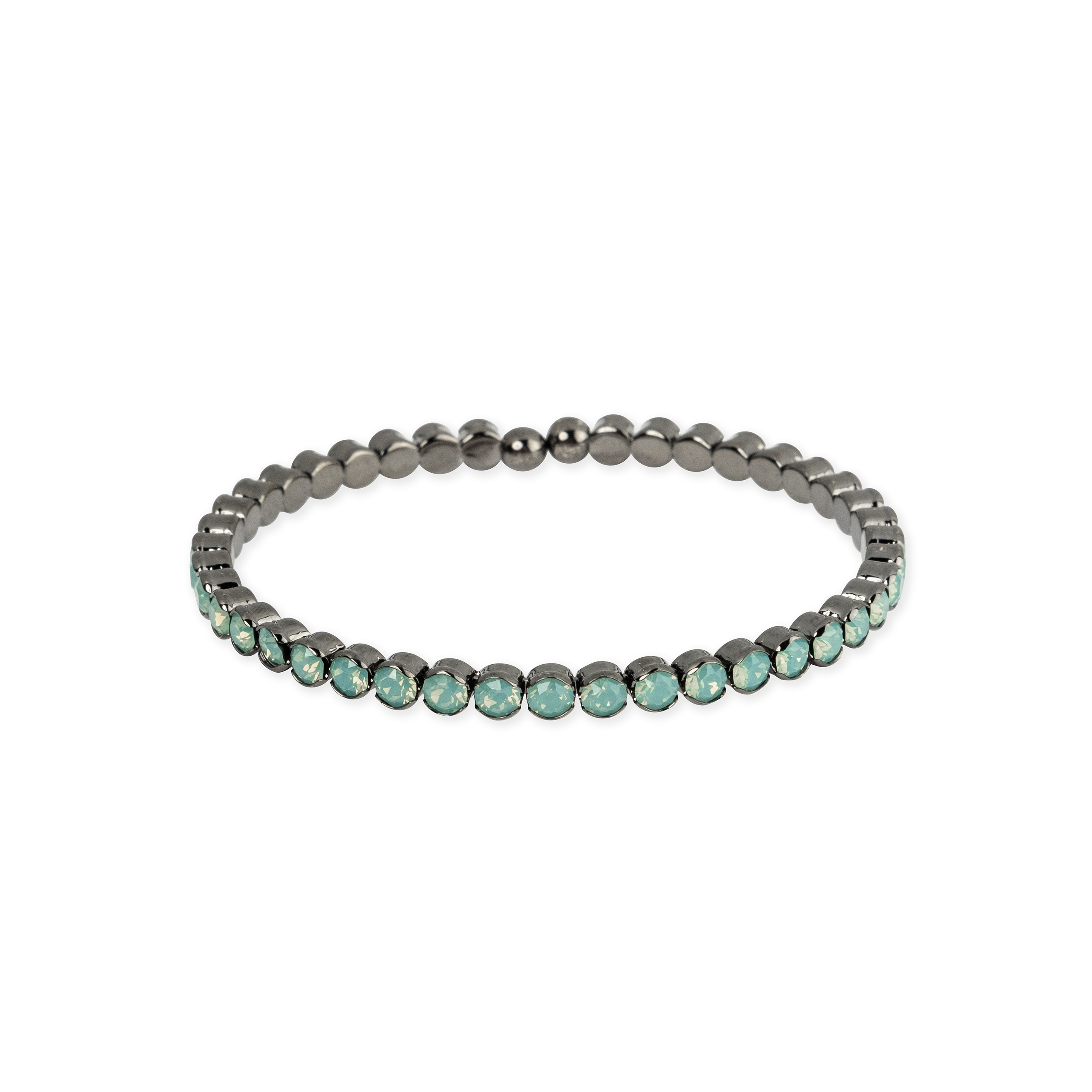 Silver open bracelet with green crystals