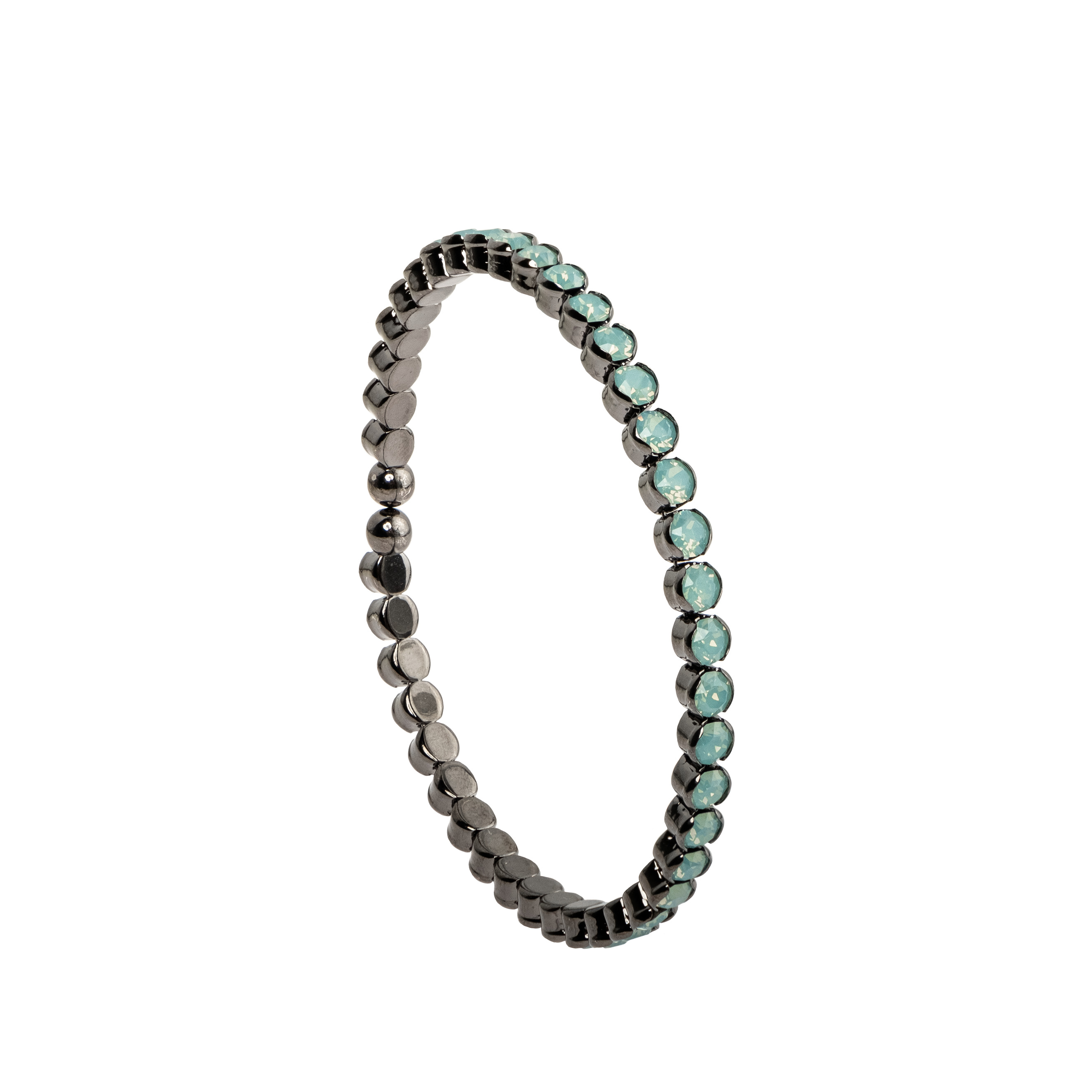 Silver open bracelet with green crystals