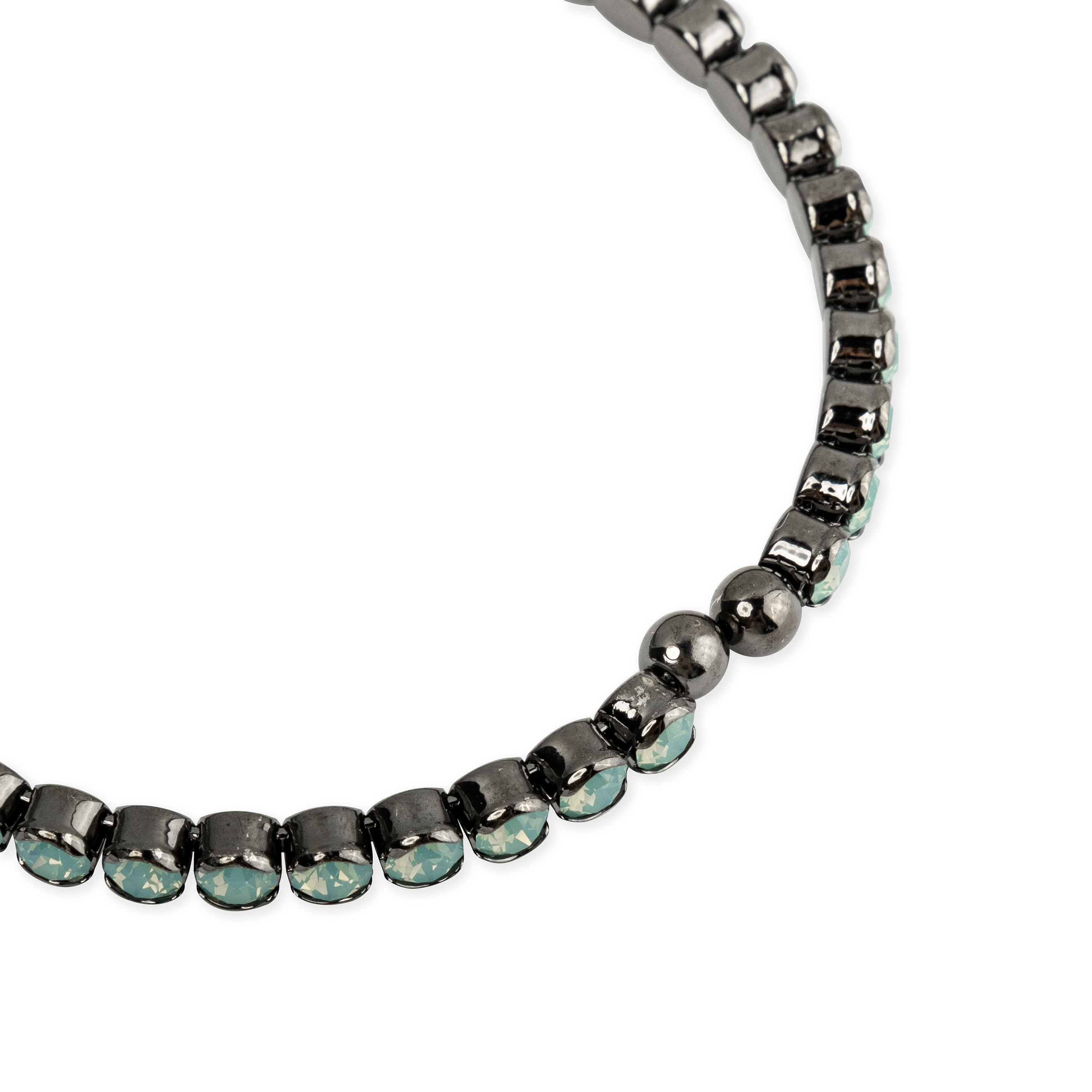 Silver open bracelet with green crystals