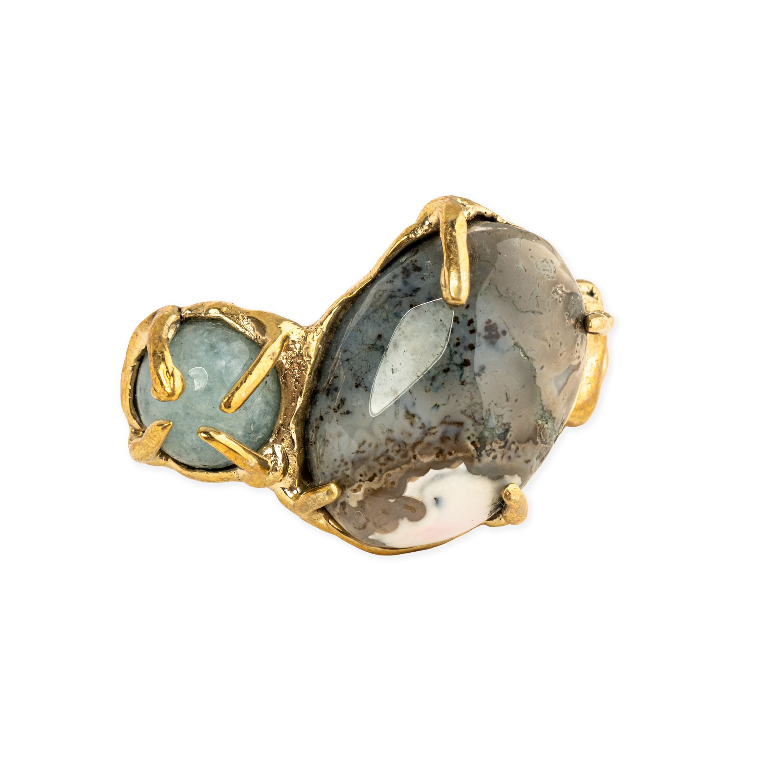 Brass ring with inserts: agate and aquamarine