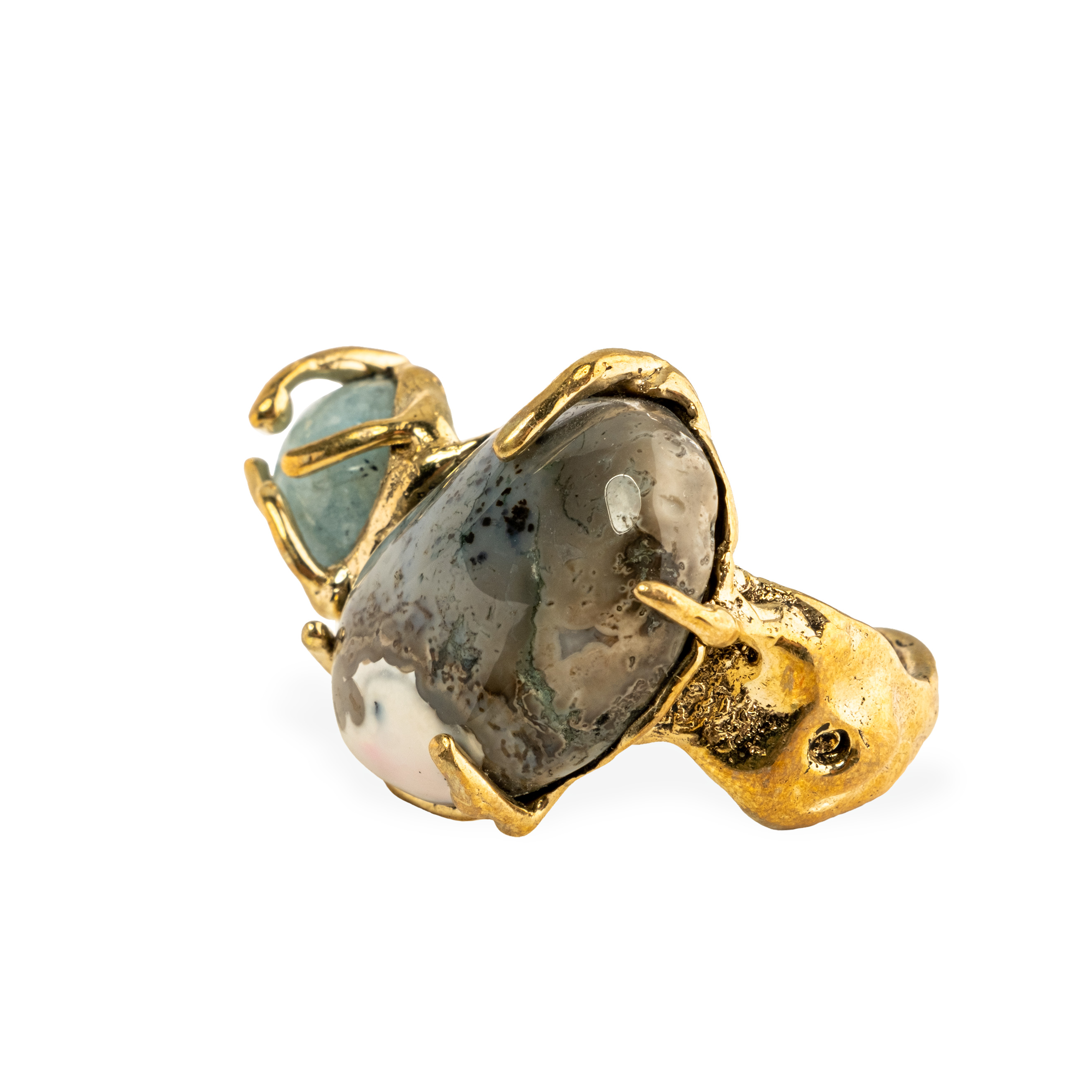 Brass ring with inserts: agate and aquamarine