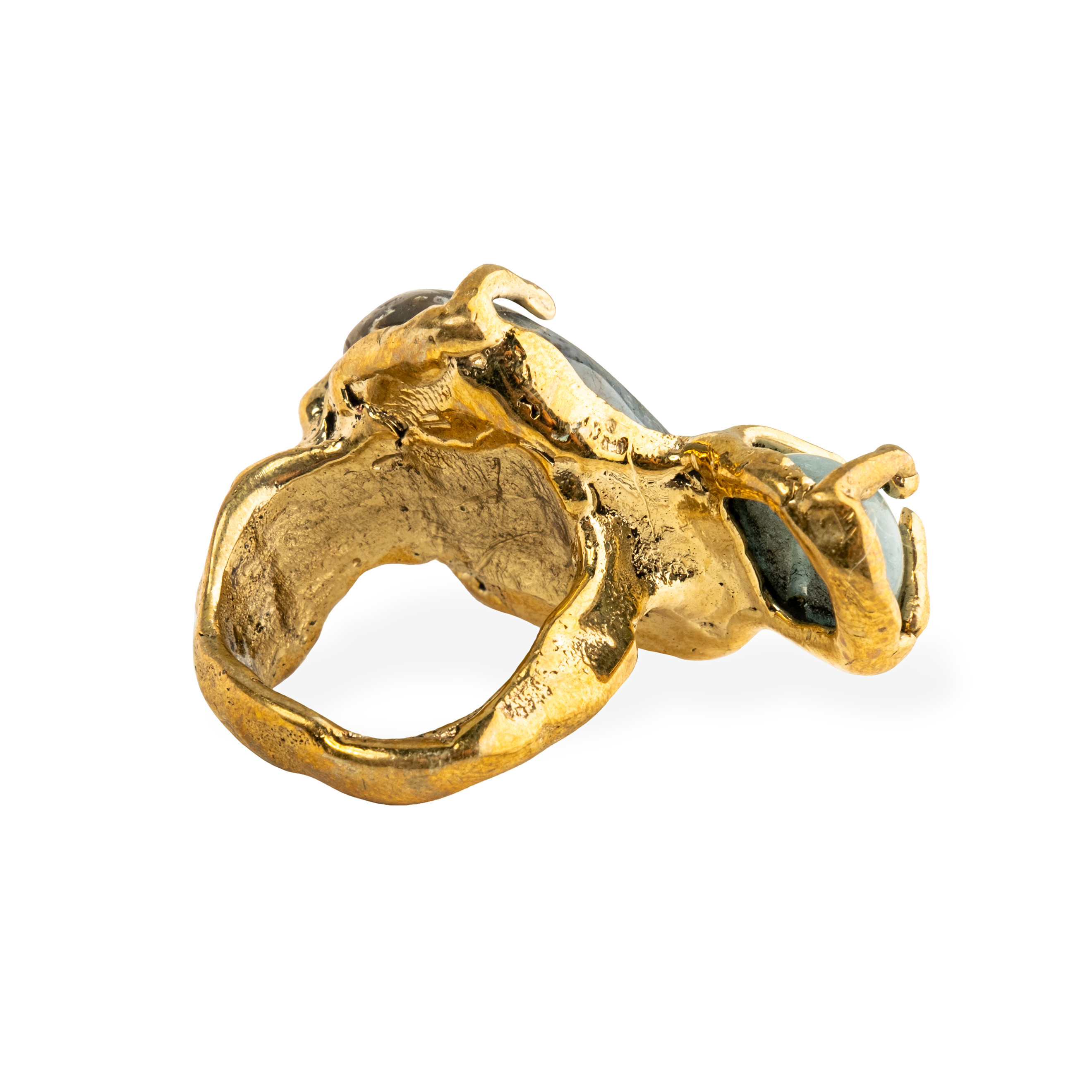 Brass ring with inserts: agate and aquamarine