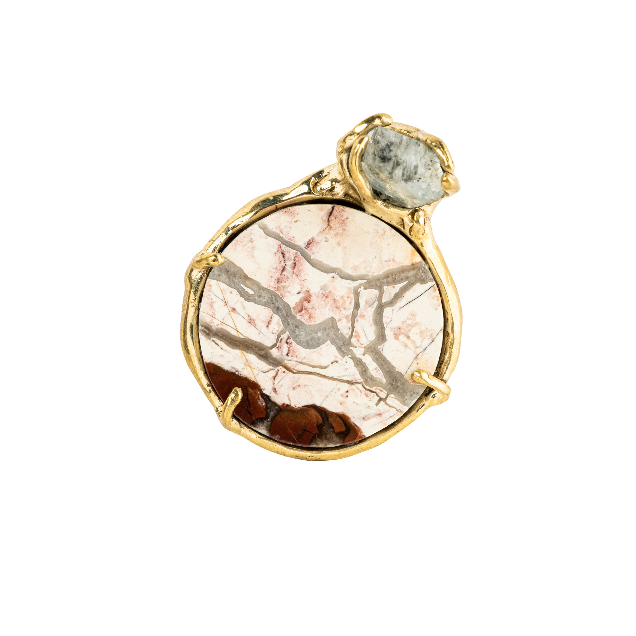 Brass ring with inserts: jasper and topaz