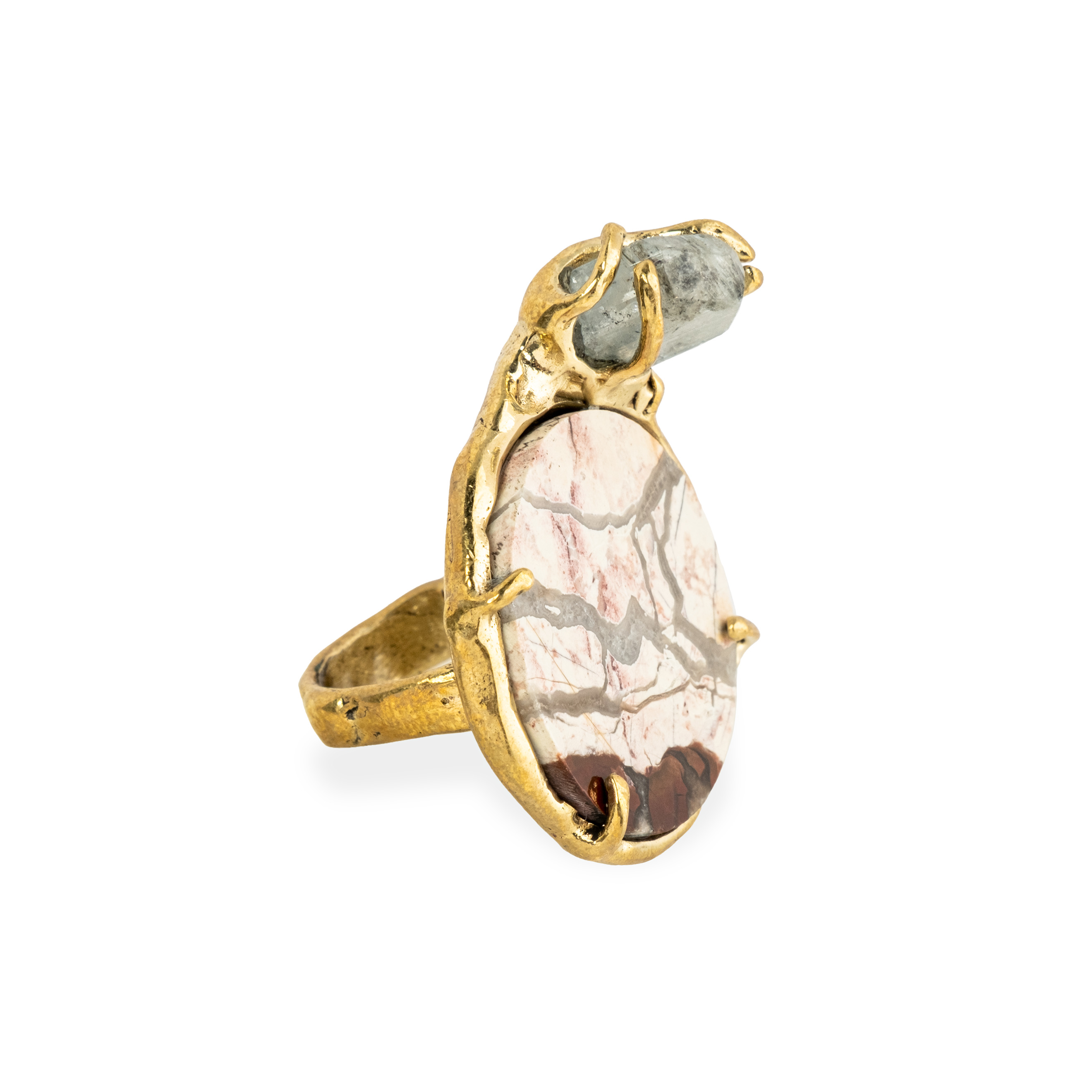 Brass ring with inserts: jasper and topaz