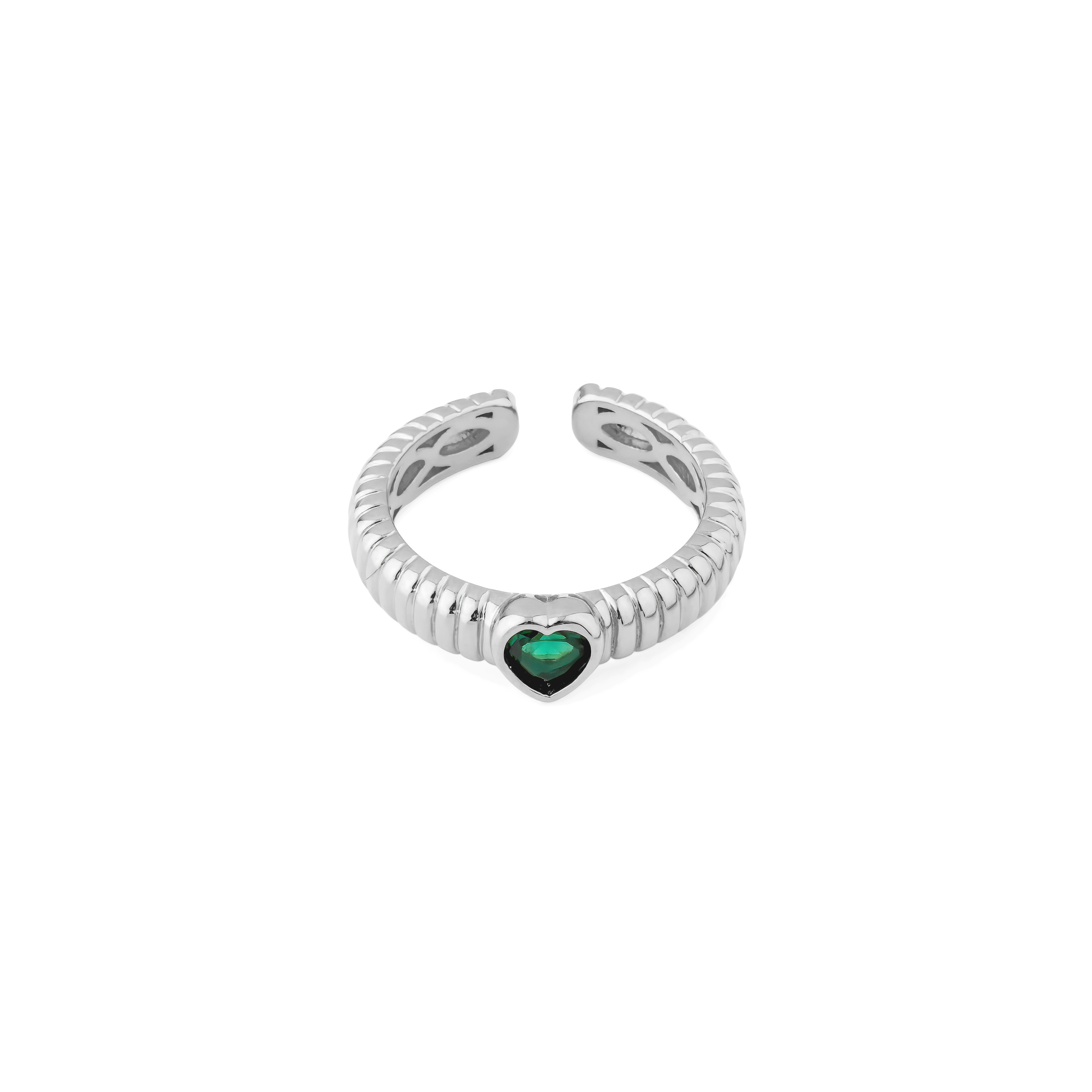 Серебристое фигурное кольцо с зеленым сердцем