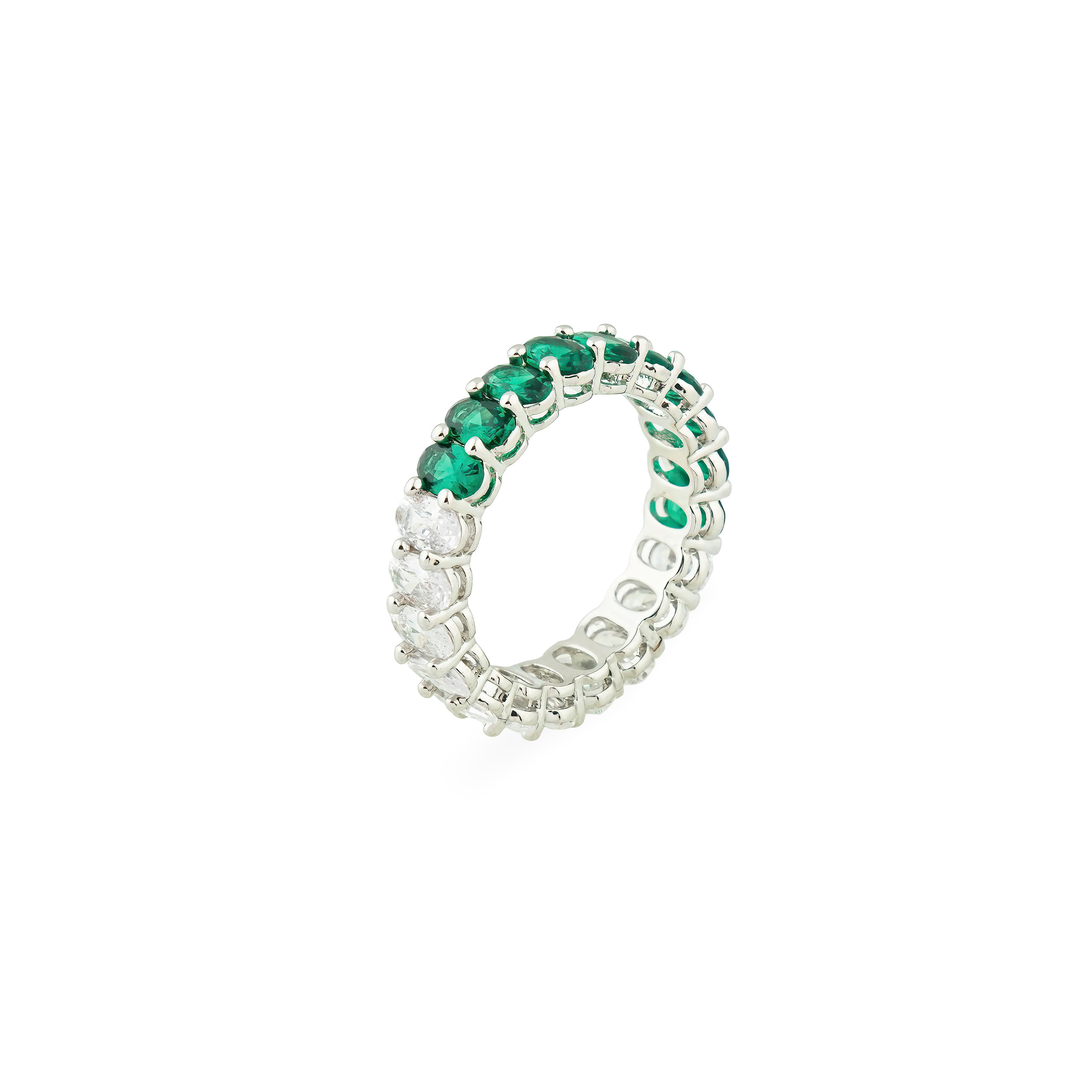 ring with ovals of white and green crystals