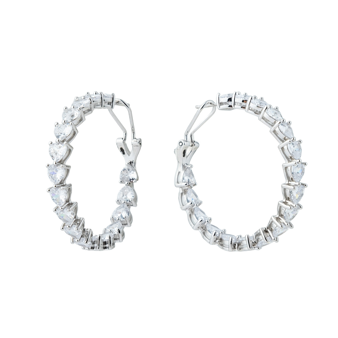 цена Holy Silver Большие серебряные серьги-кольца с белыми кристаллами в форме сердца