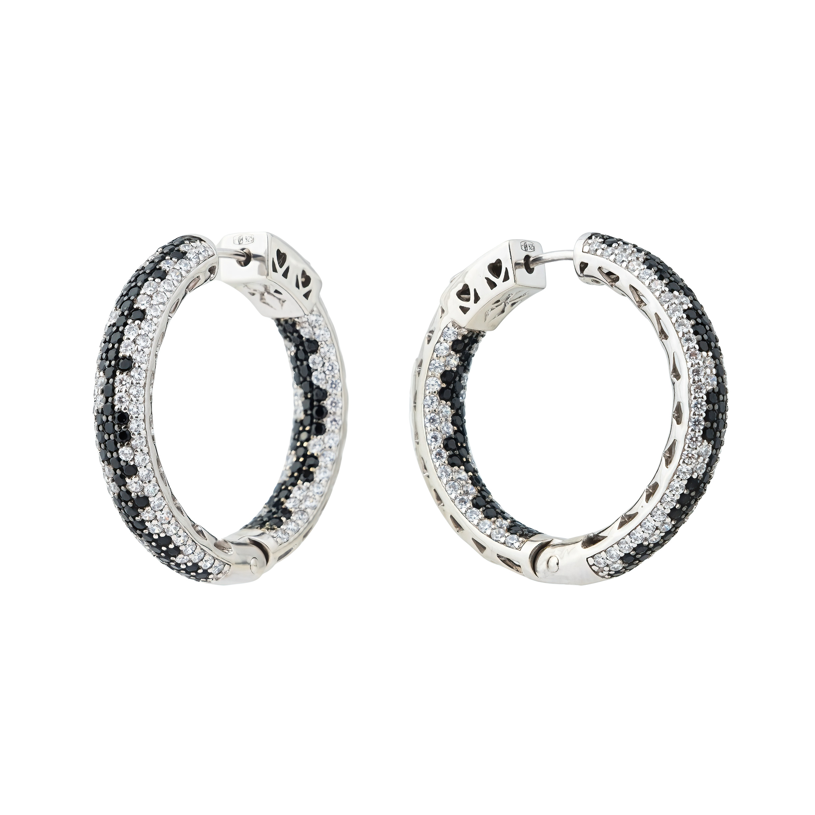 Large silver earrings with black and white crystals