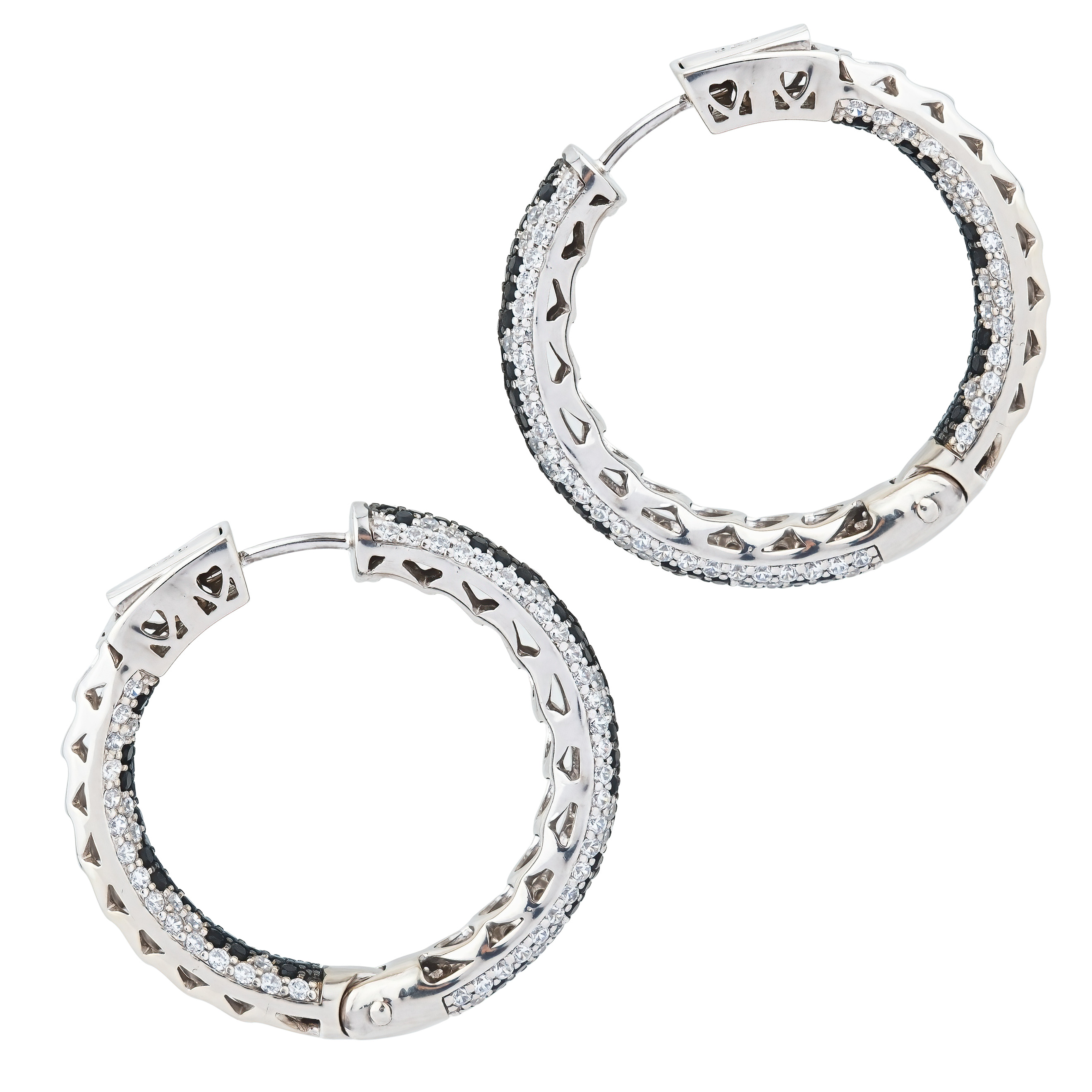 Large silver earrings with black and white crystals