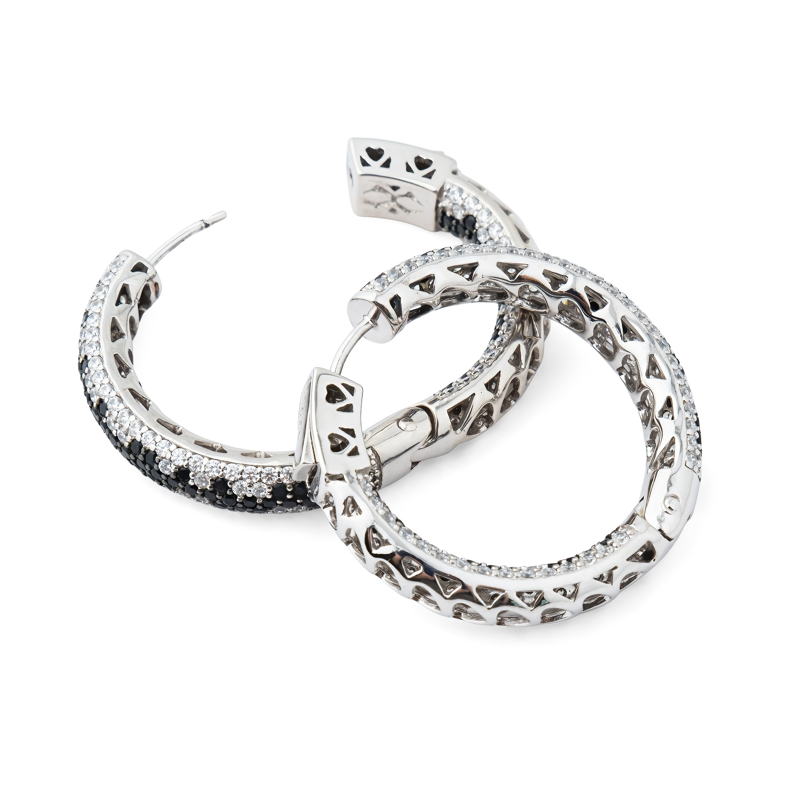 Large silver earrings with black and white crystals