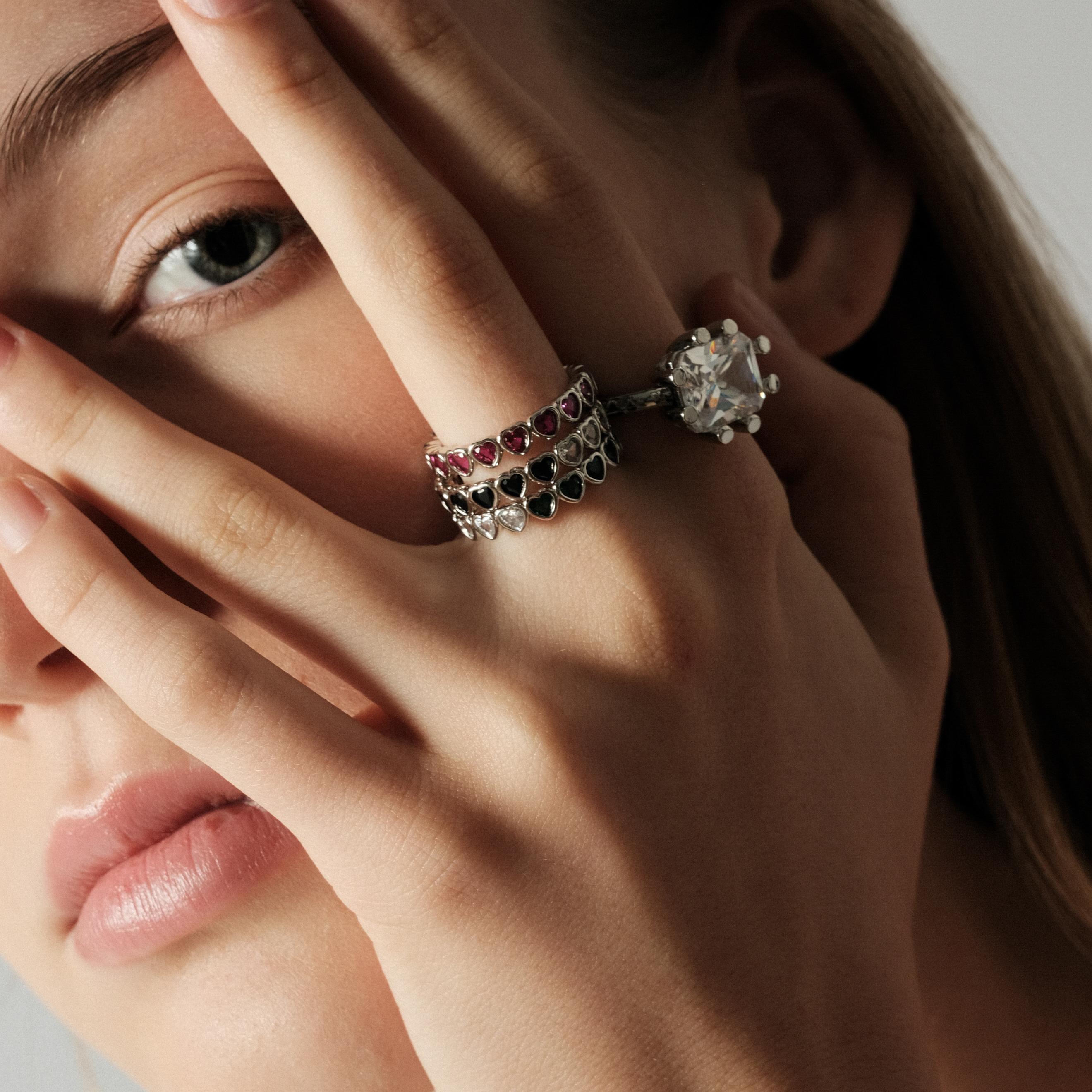 heart ring with white and black crystals