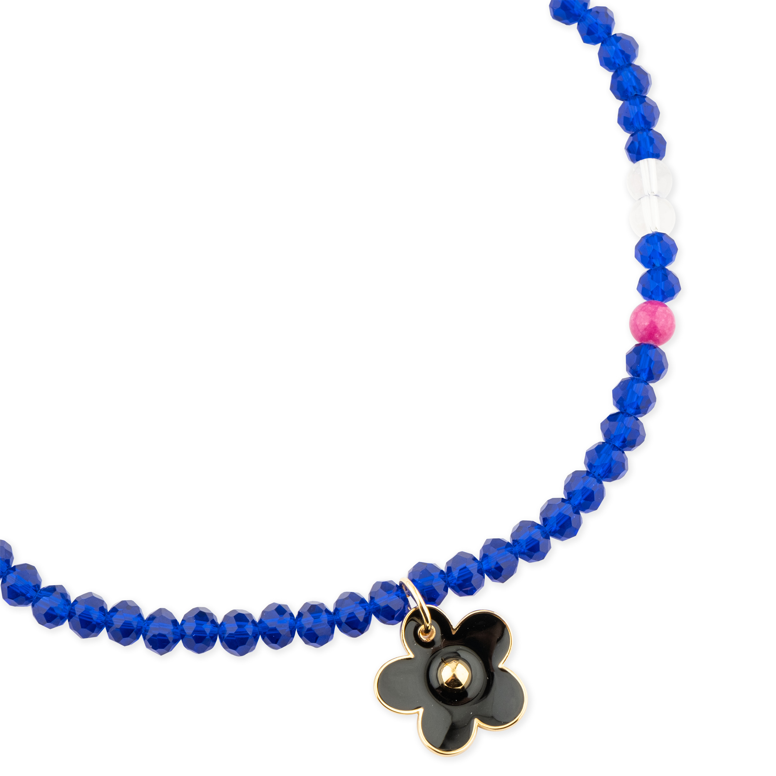 blue bead necklace with a black flower