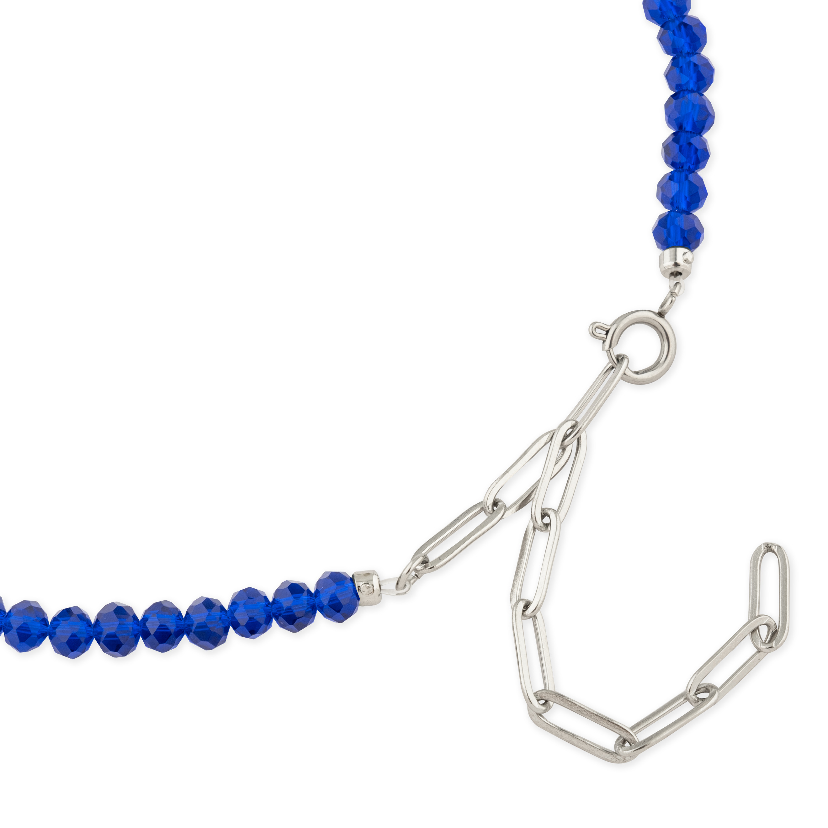 blue bead necklace with a black flower