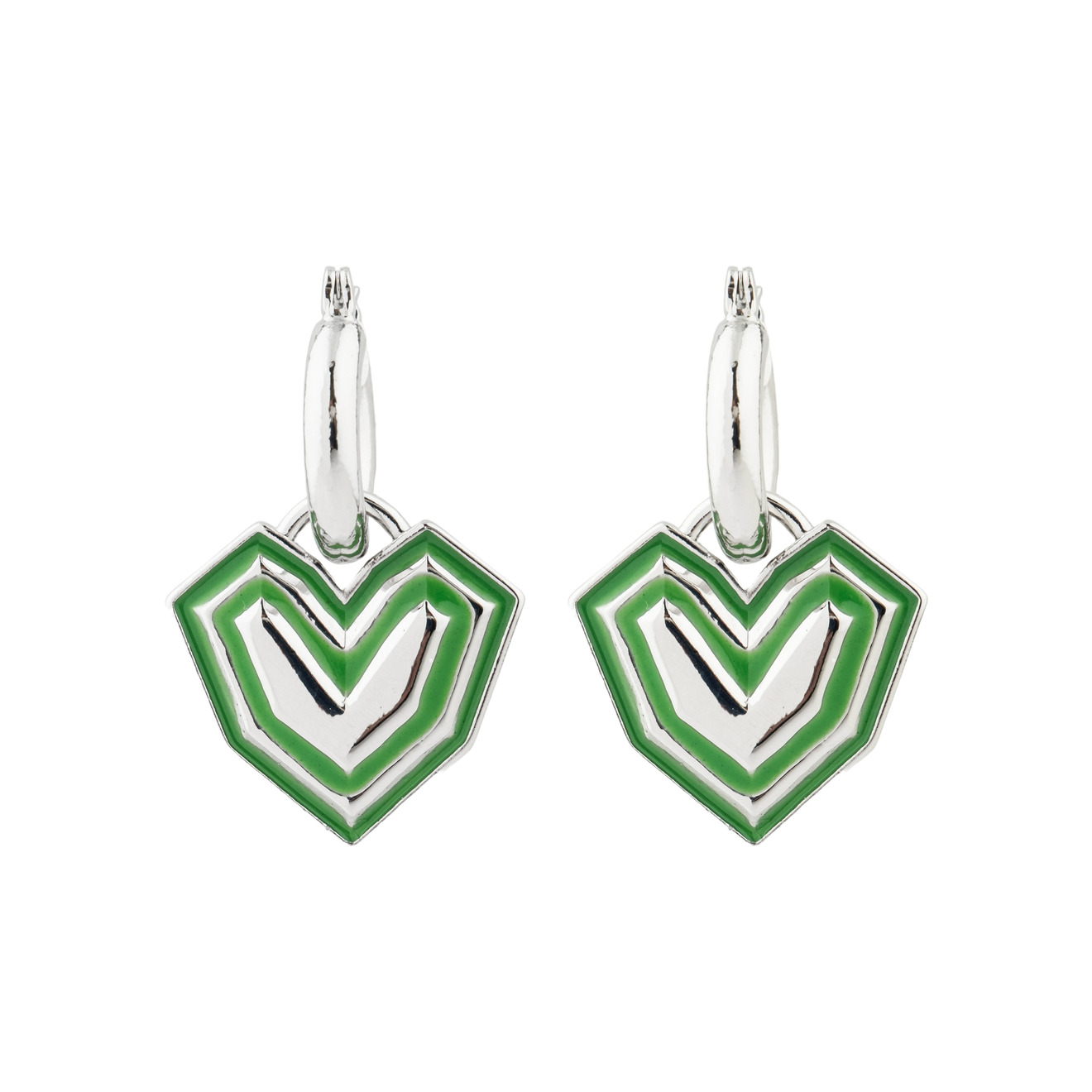 Aqua Серебристые серьги с зелеными эмалированными сердцами фотографии