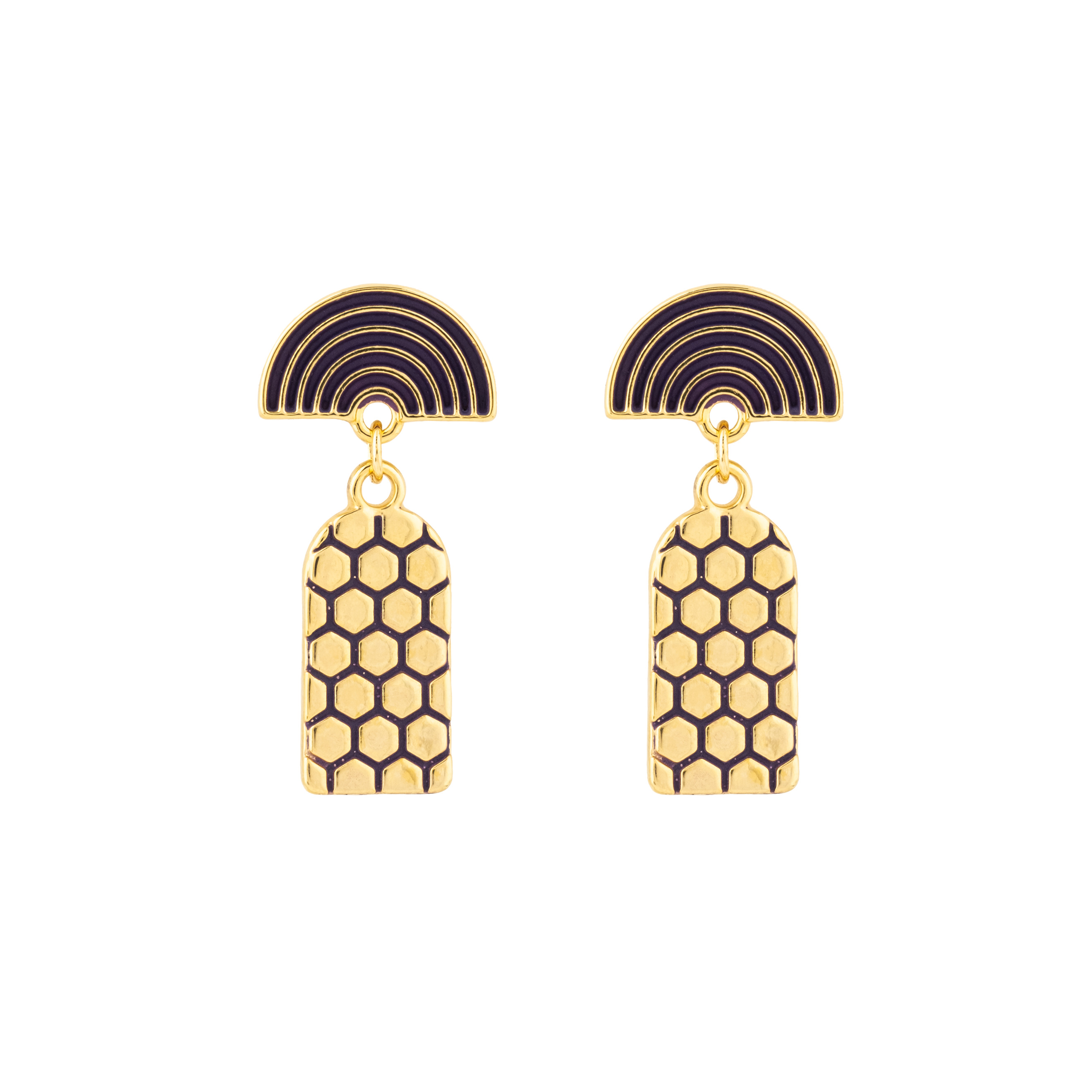 Золотистые серьги с подвесами с фиолетовой эмалью