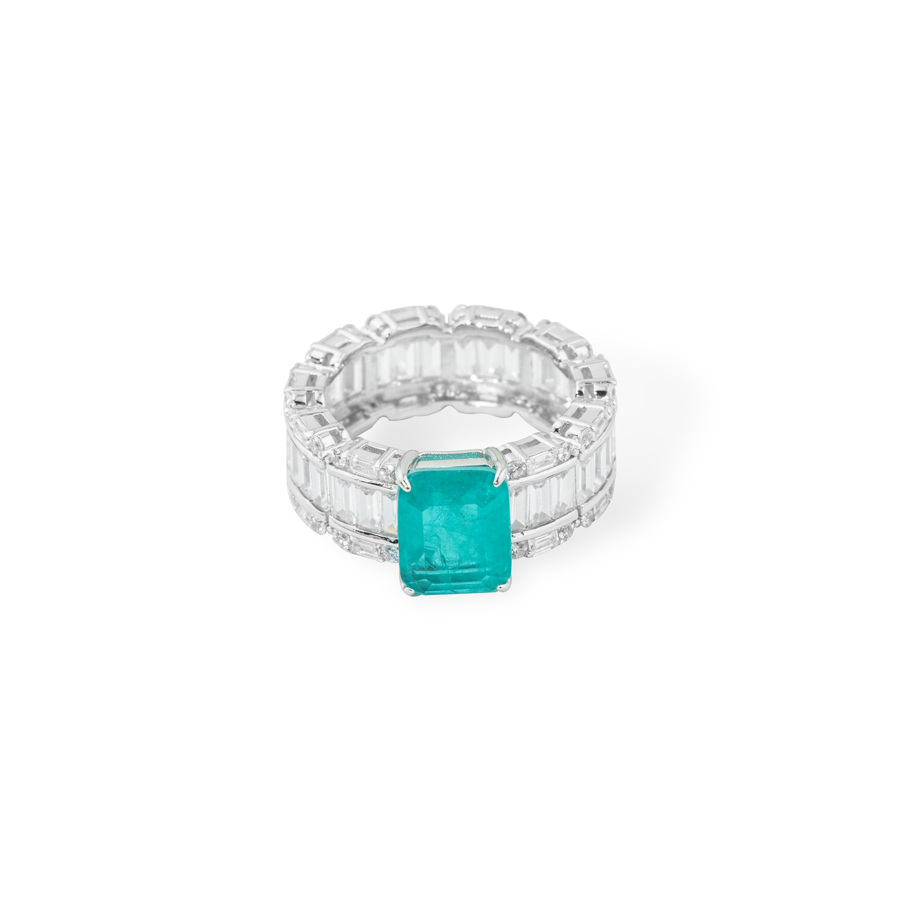 Holy Silver Серебряное кольцо с зеленым кристаллом и паве из белых кристаллов огранки багет