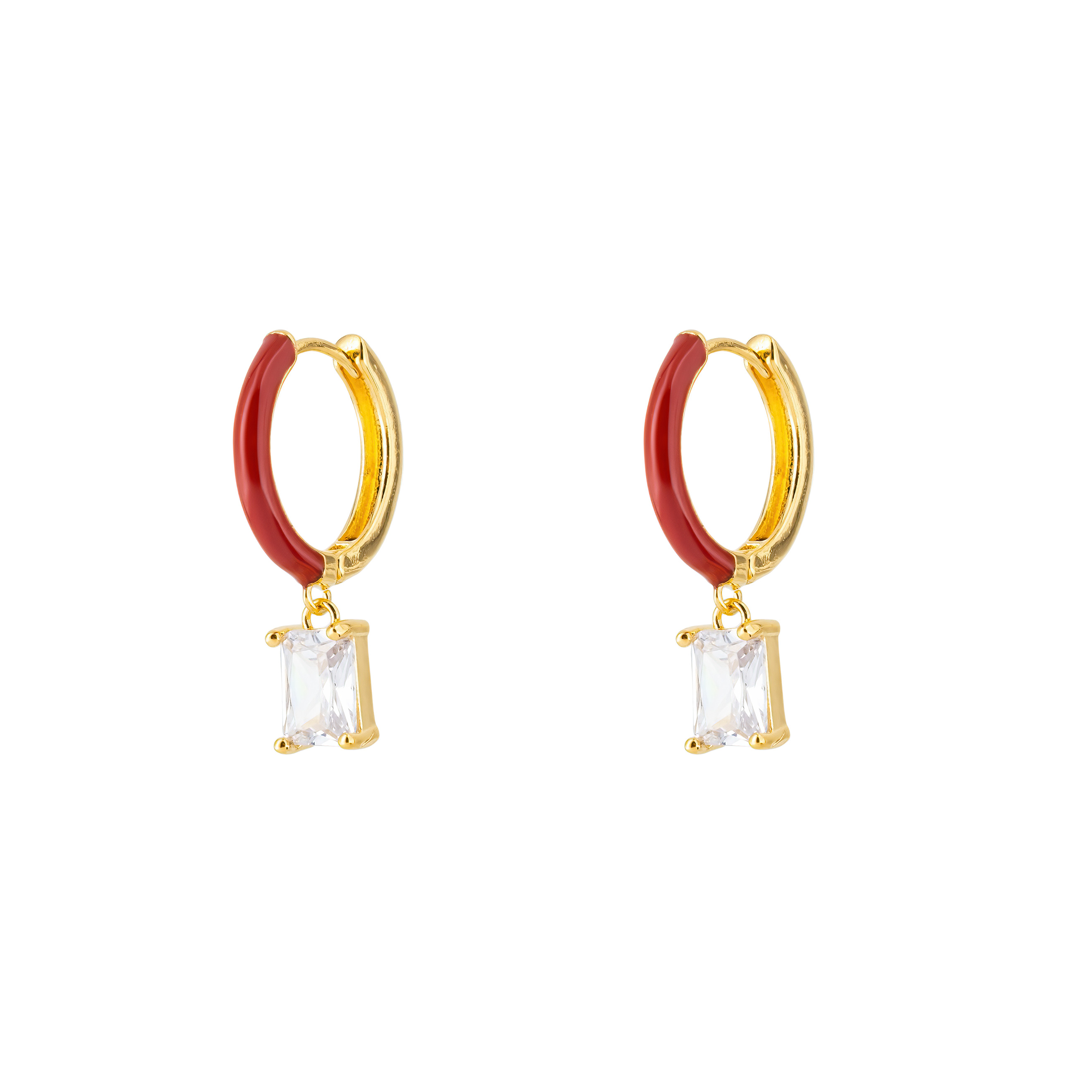 gold-tone enamel earrings with a baguette cut pendant