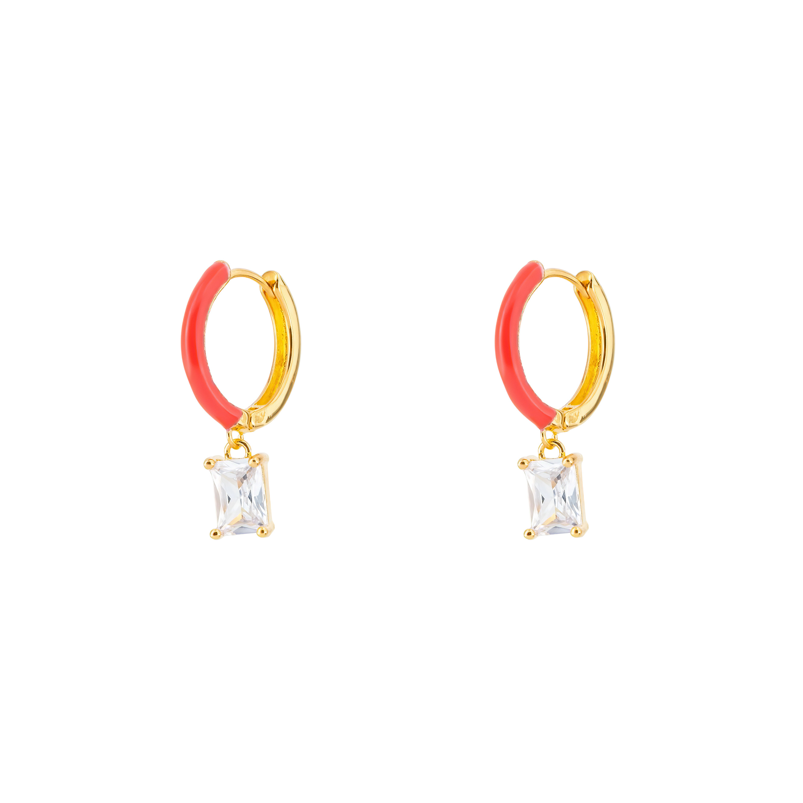gold-tone enamel earrings with a baguette cut pendant
