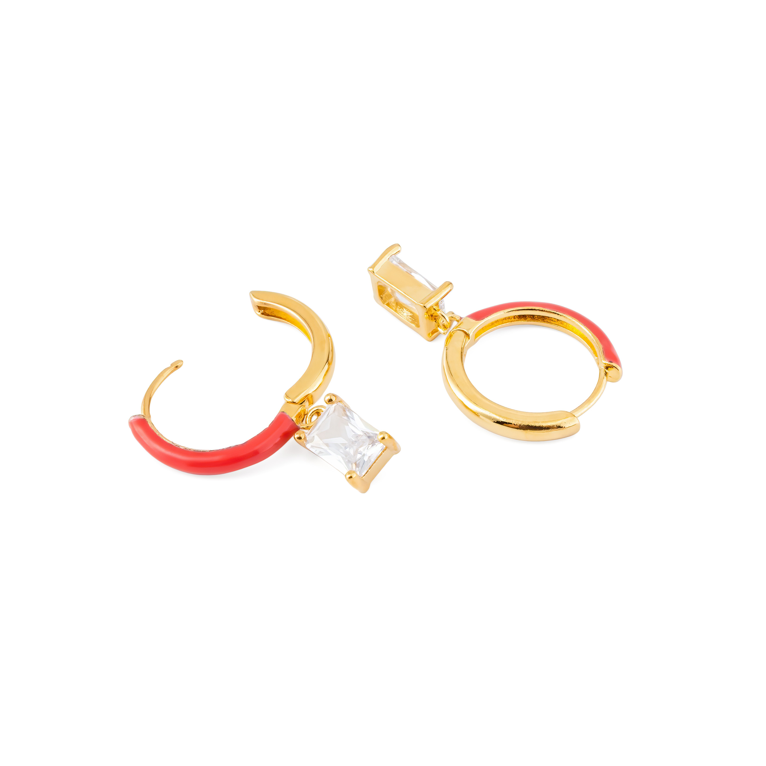 gold-tone enamel earrings with a baguette cut pendant
