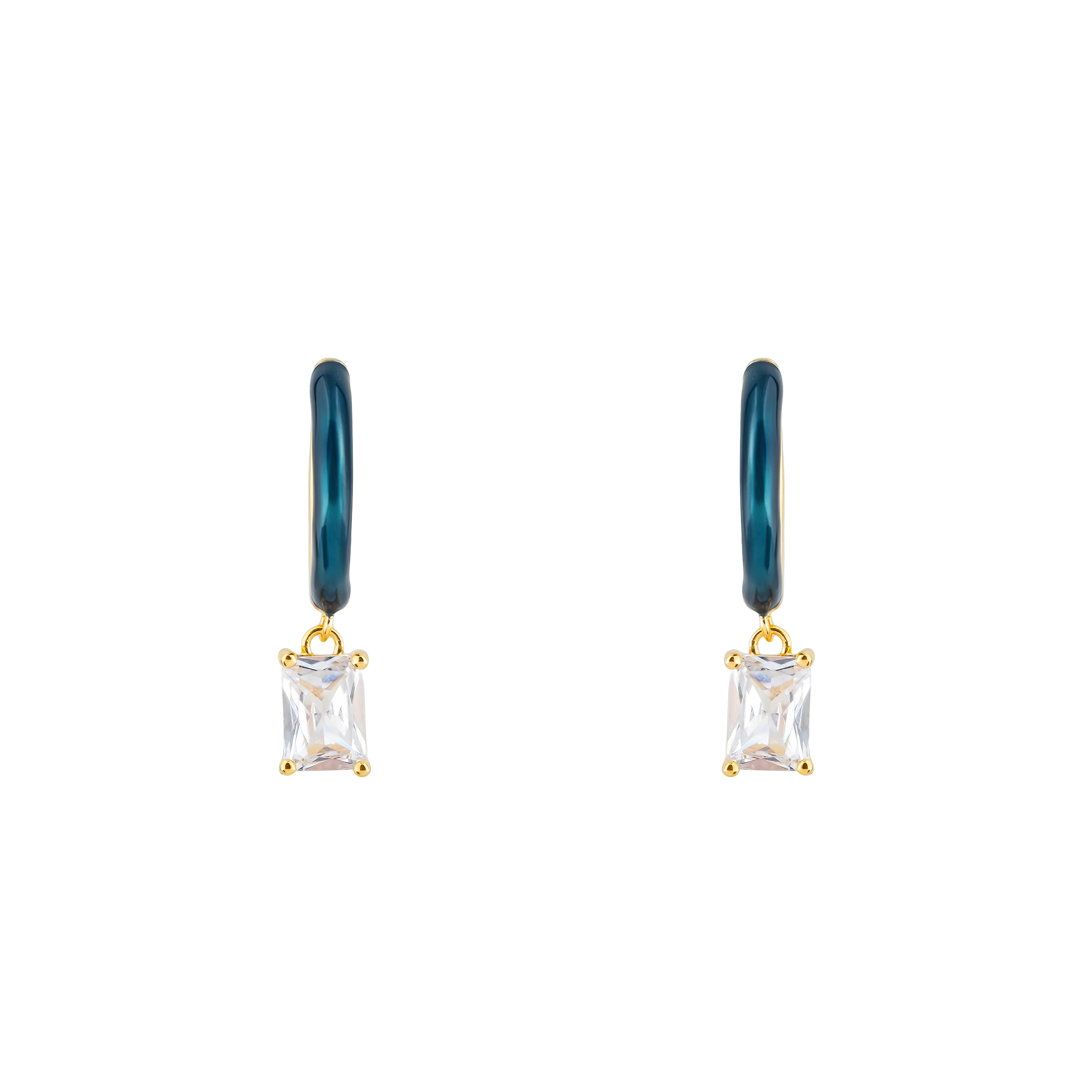 earrings with blue enamel with a baguette crystal pendant