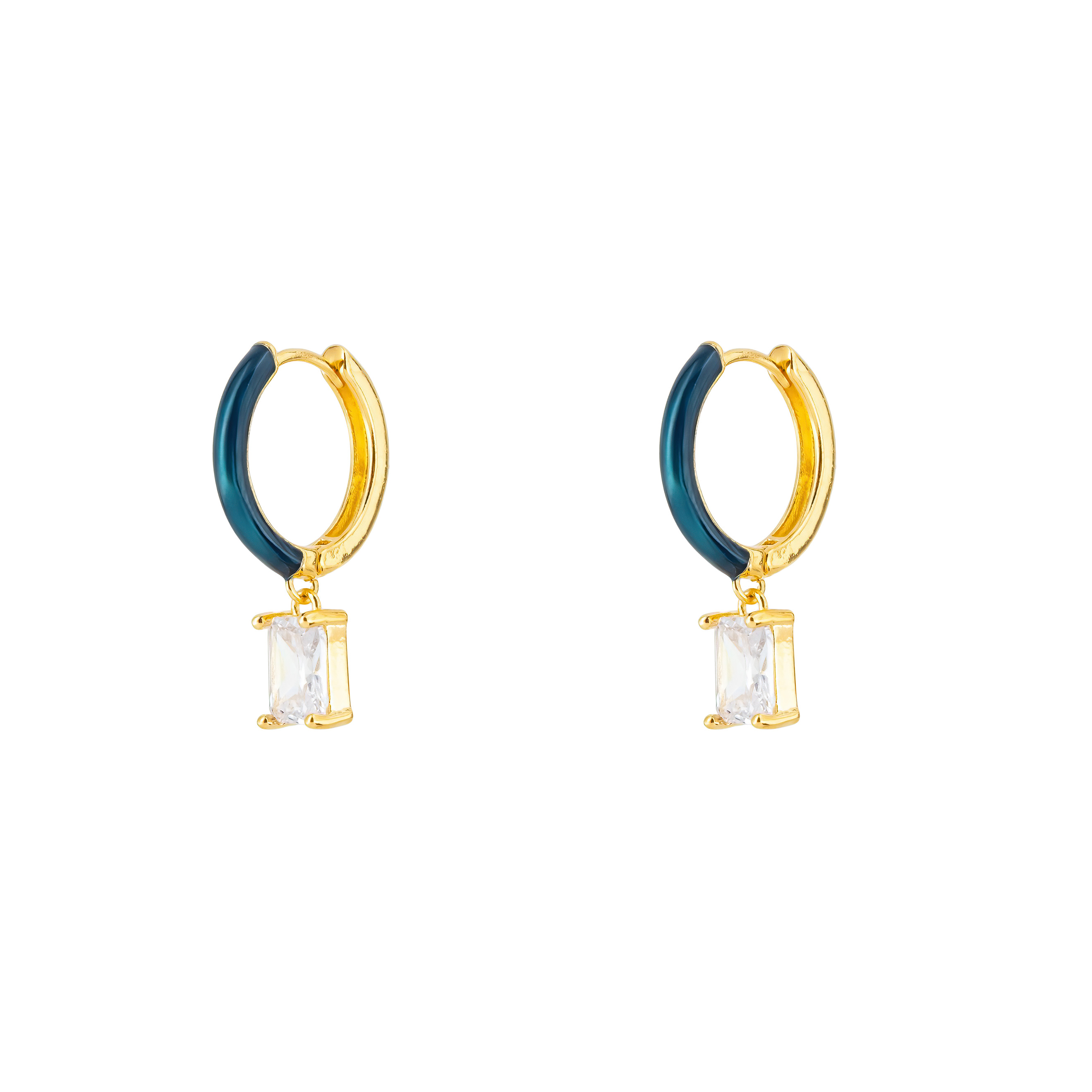 earrings with blue enamel with a baguette crystal pendant