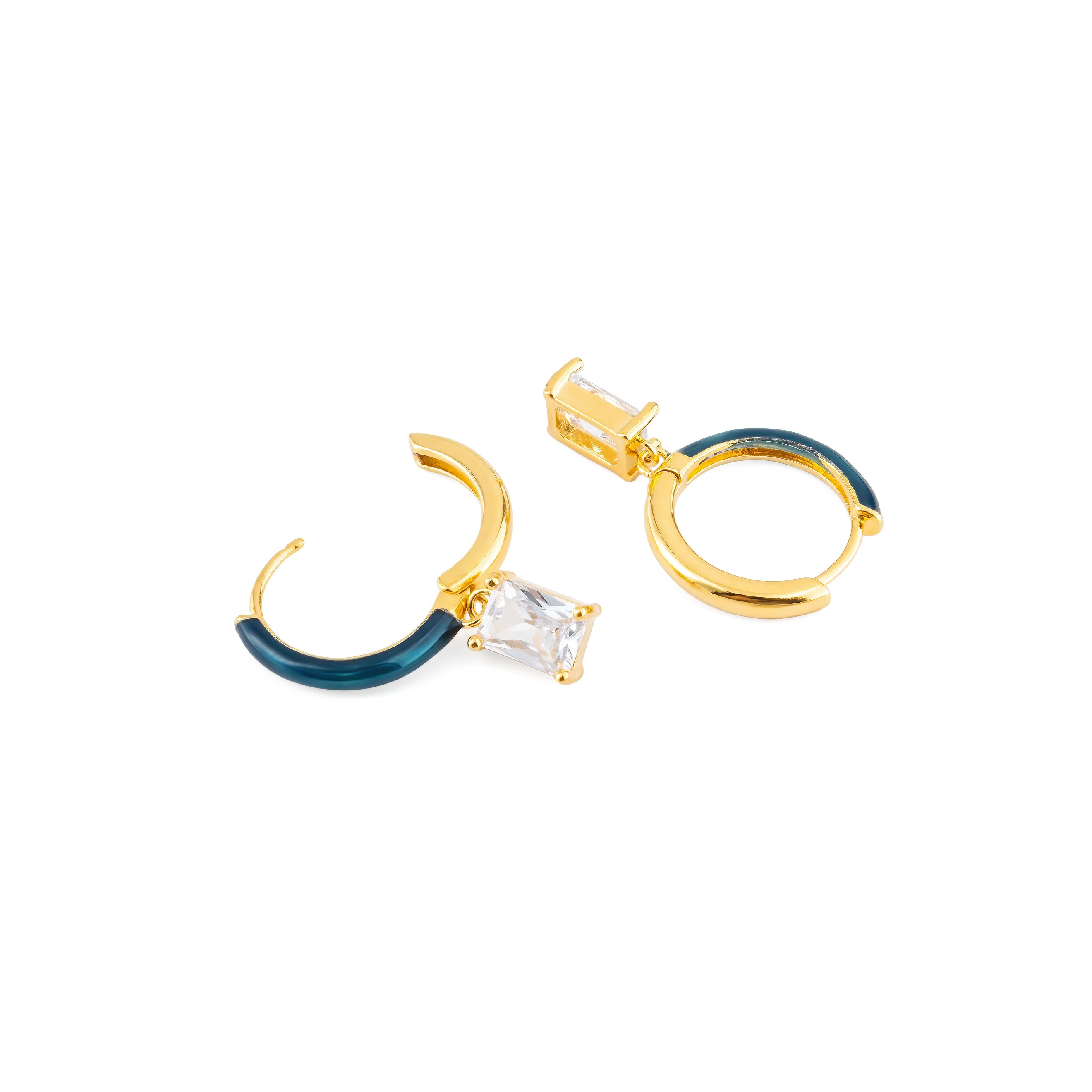 earrings with blue enamel with a baguette crystal pendant