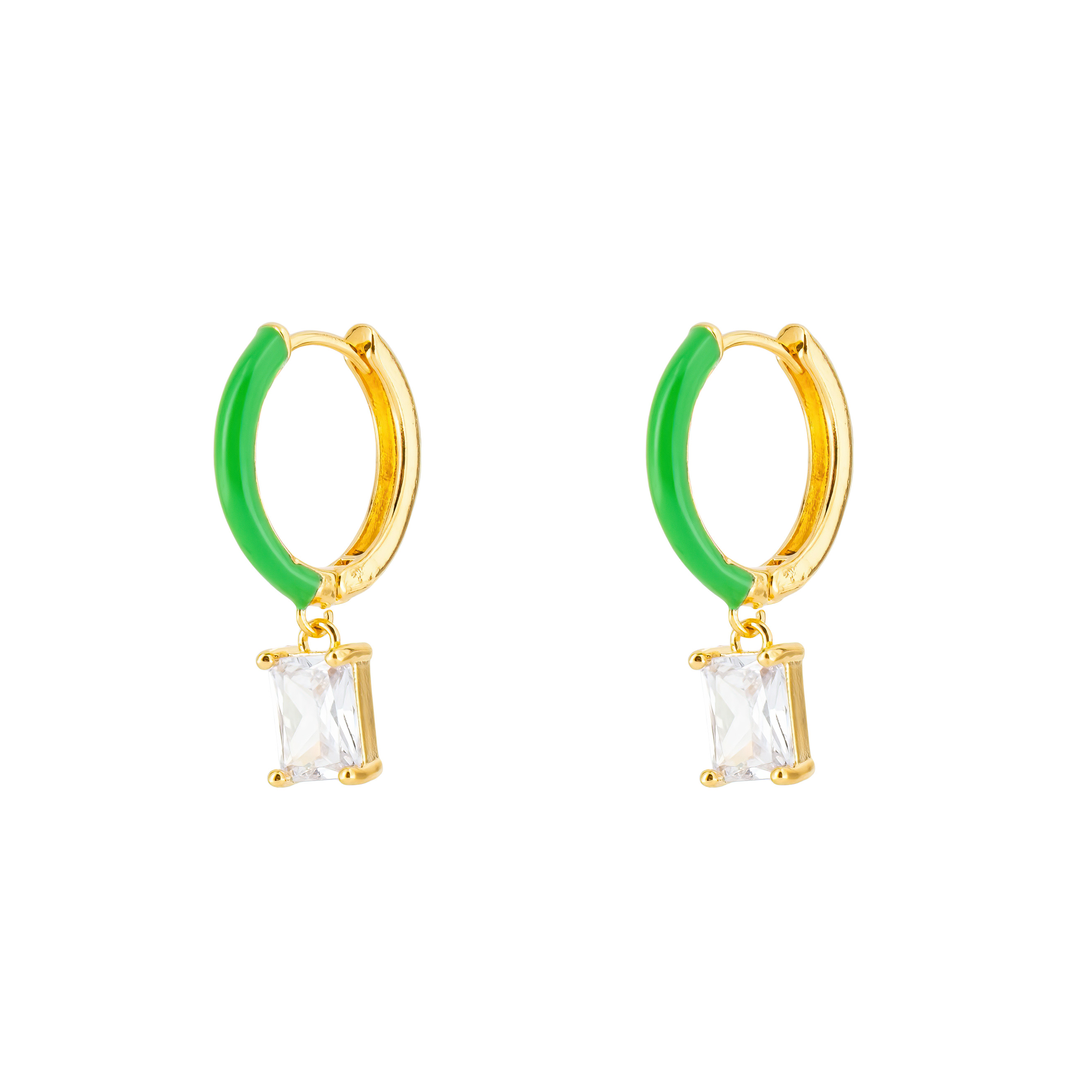 gold-tone enamel earrings with a baguette cut pendant