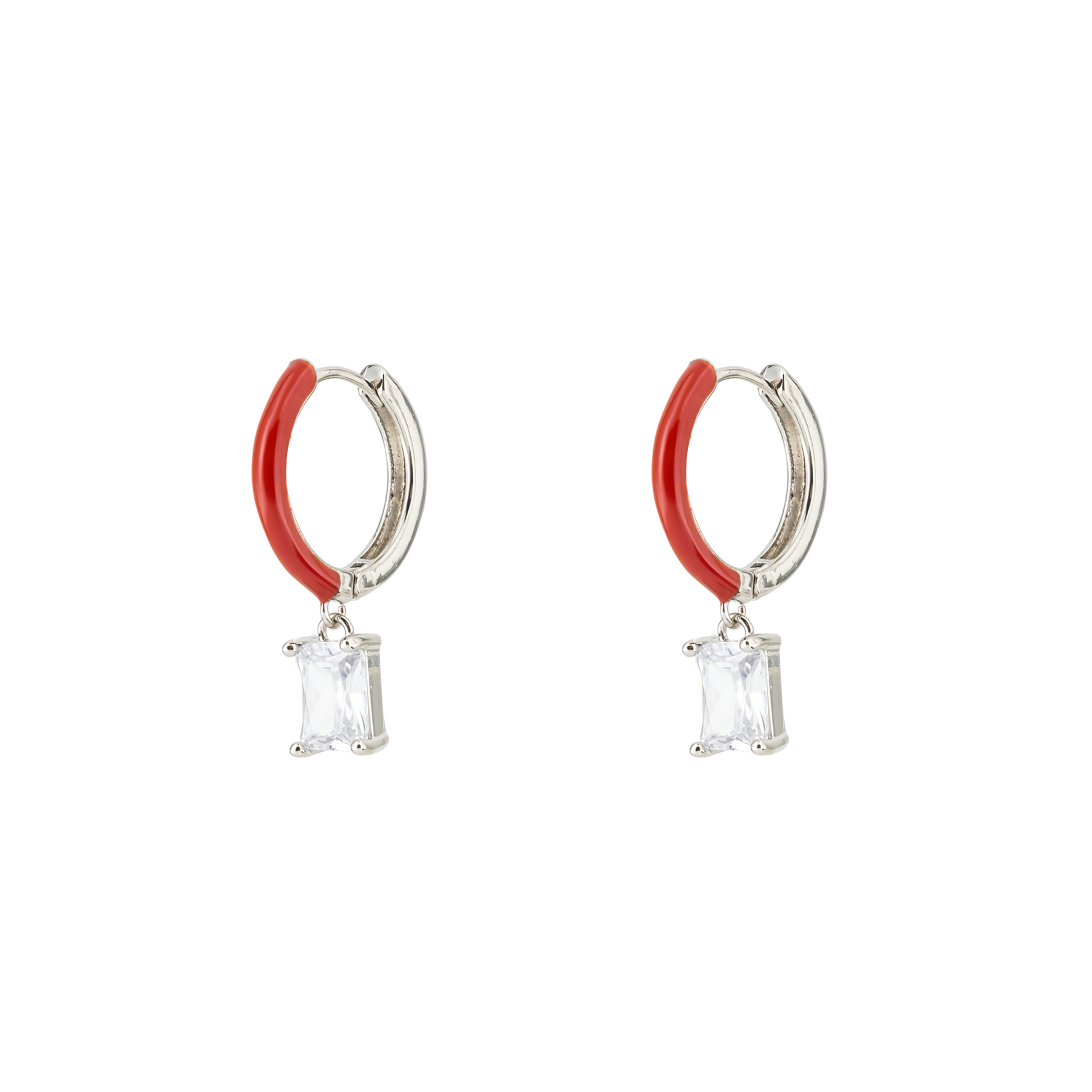 enamel earrings with a baguette cut pendant