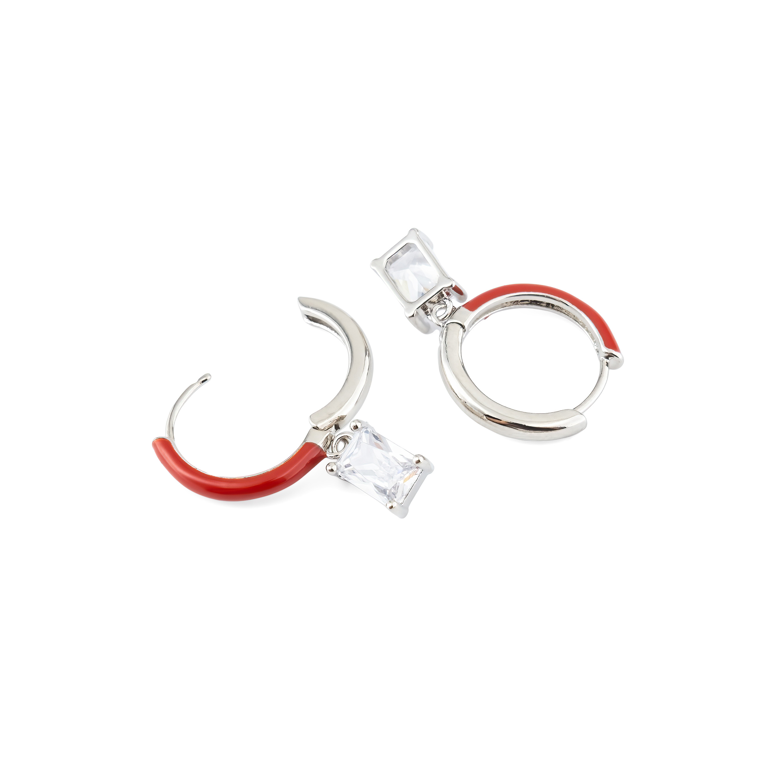 enamel earrings with a baguette cut pendant