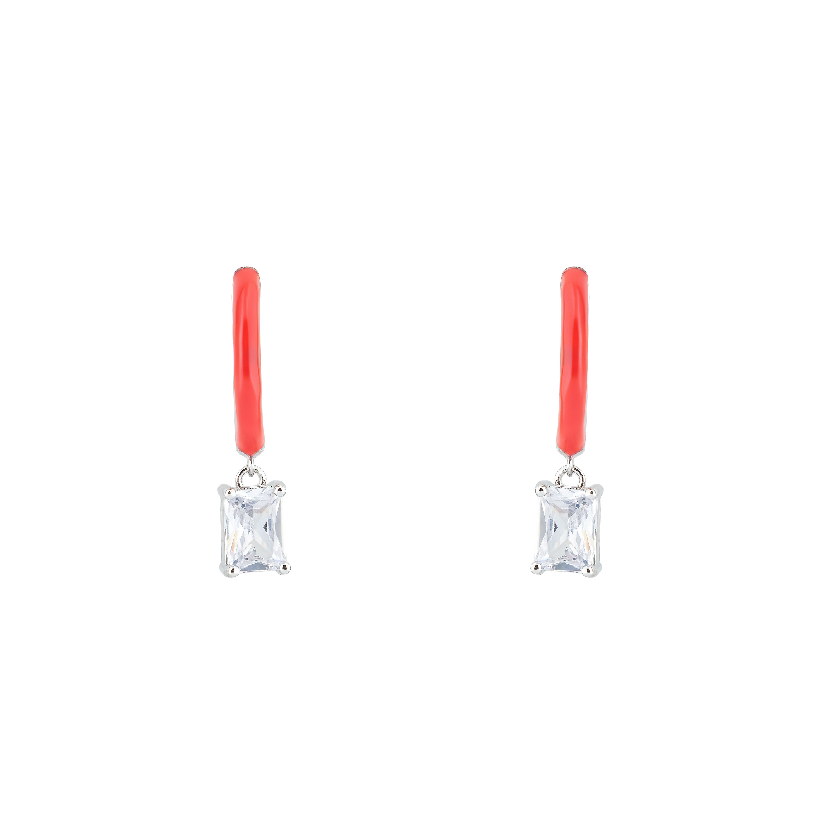 earrings with red enamel with a baguette cut pendant