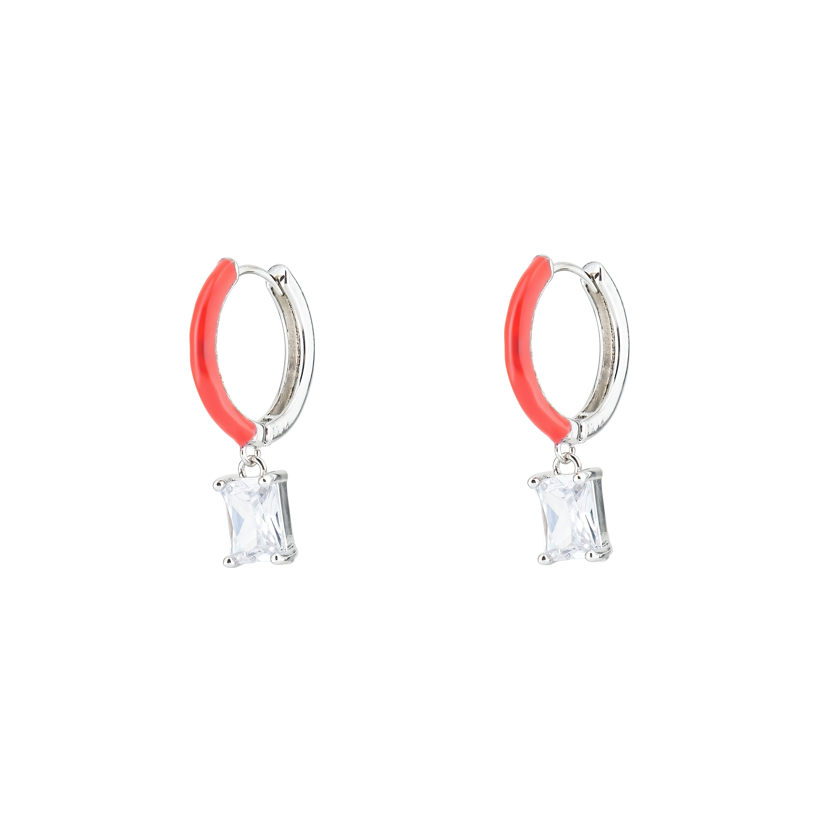 earrings with red enamel with a baguette cut pendant