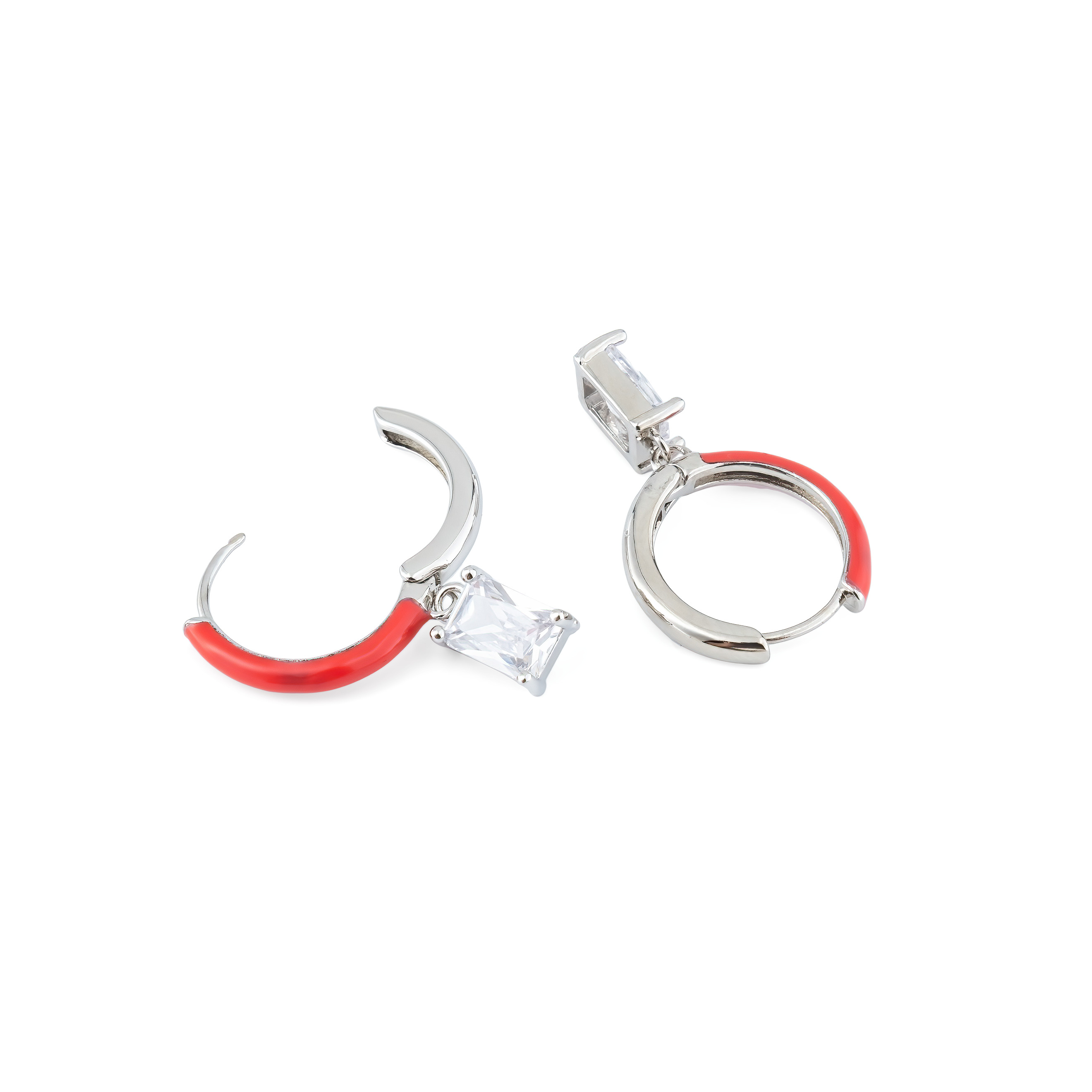 earrings with red enamel with a baguette cut pendant