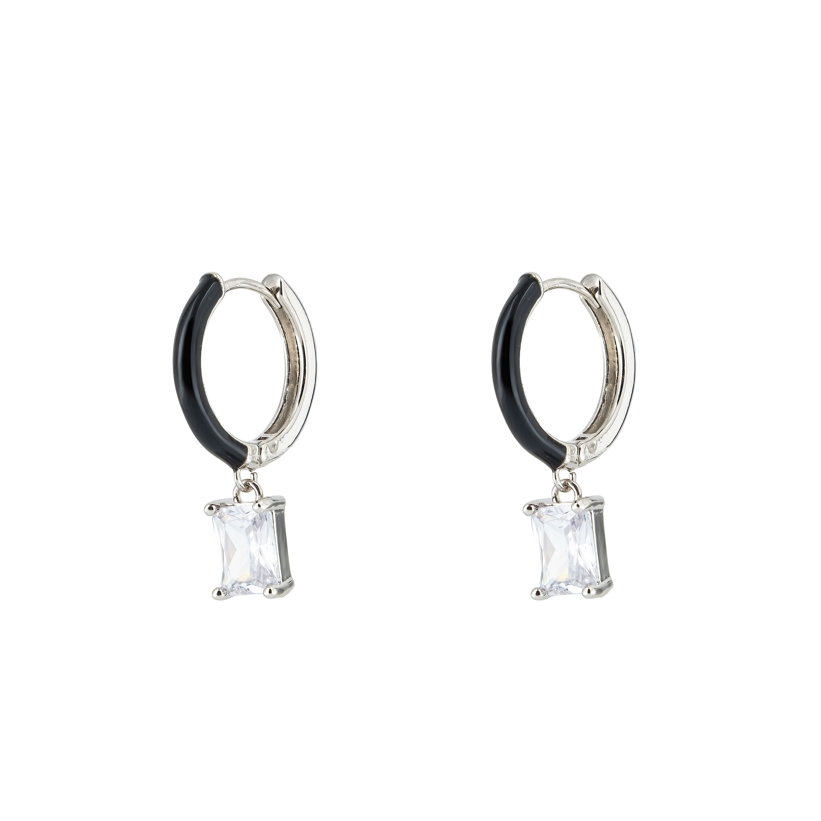 enamel earrings with a baguette cut pendant