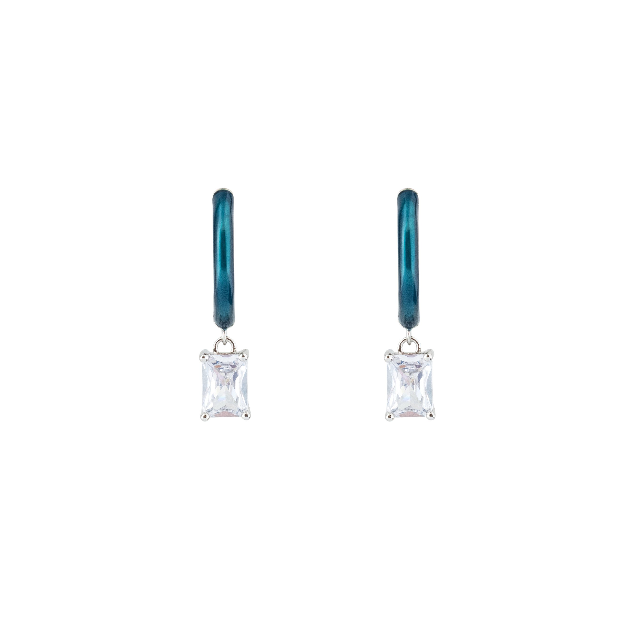 enamel earrings with a baguette cut pendant