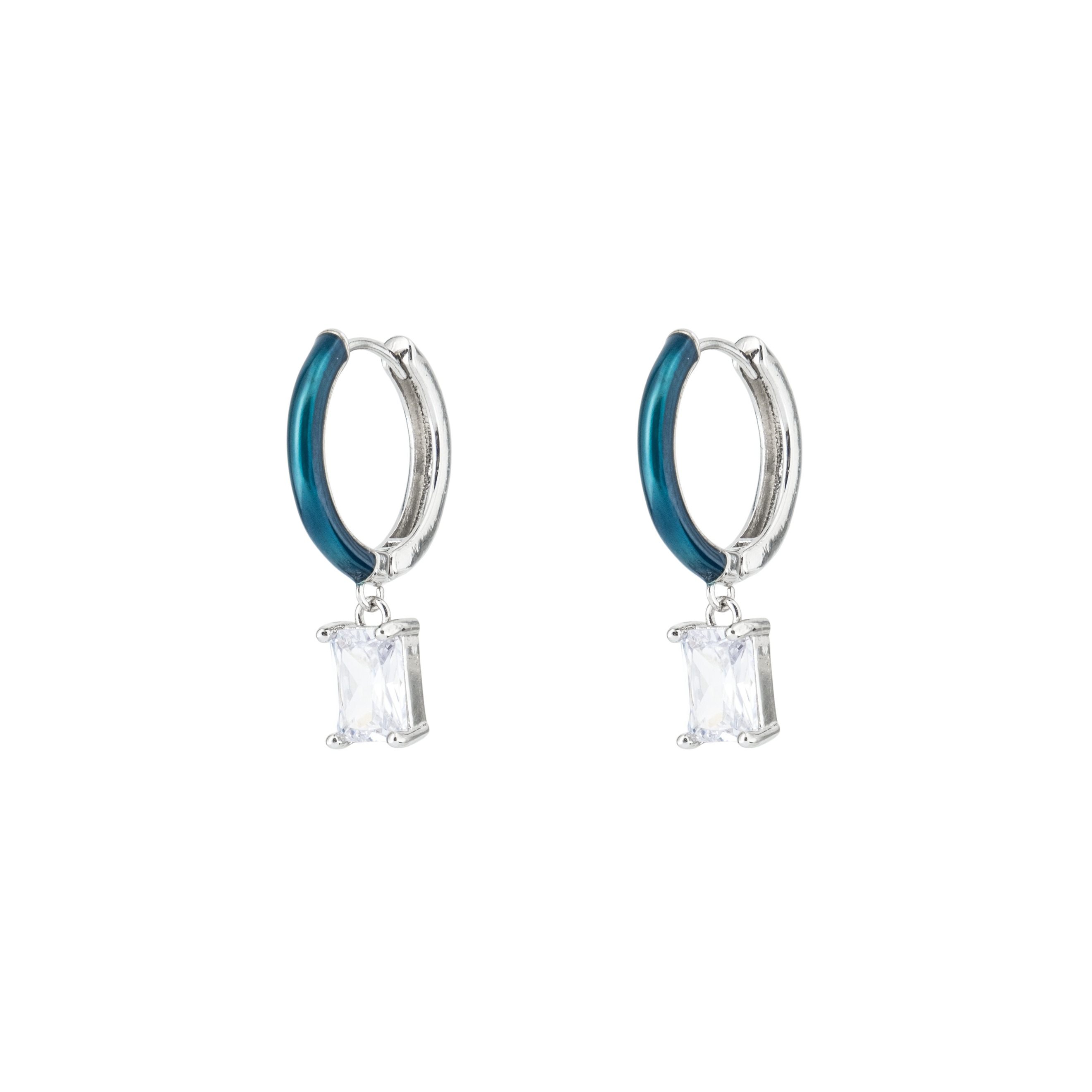 enamel earrings with a baguette cut pendant