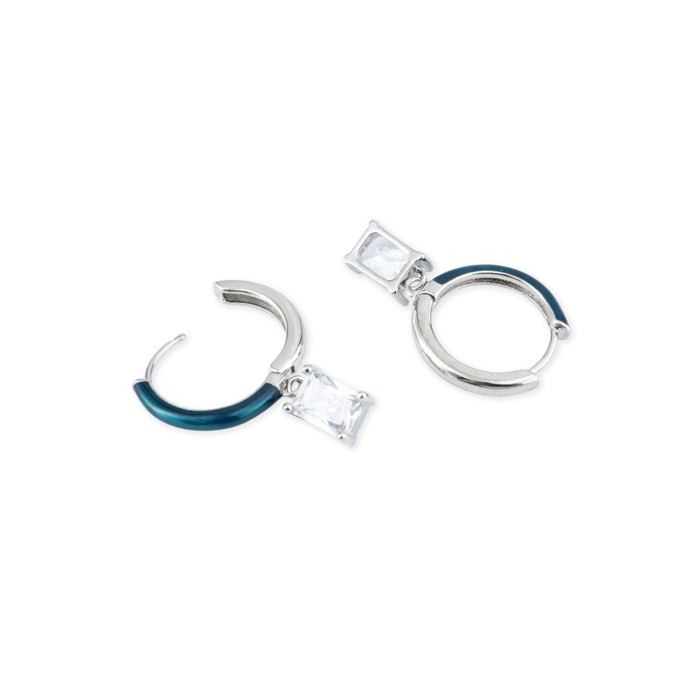 enamel earrings with a baguette cut pendant
