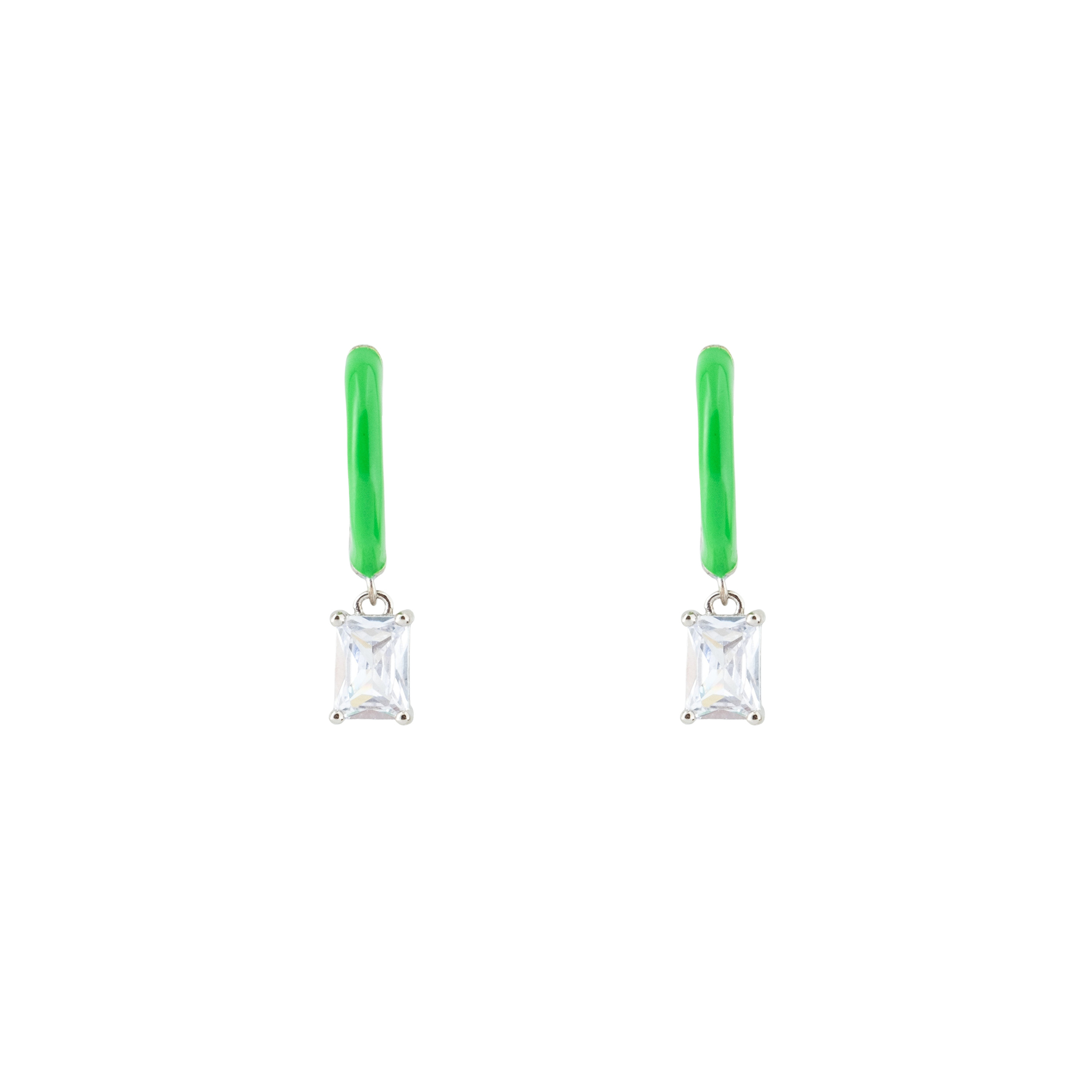 enamel earrings with a baguette cut pendant