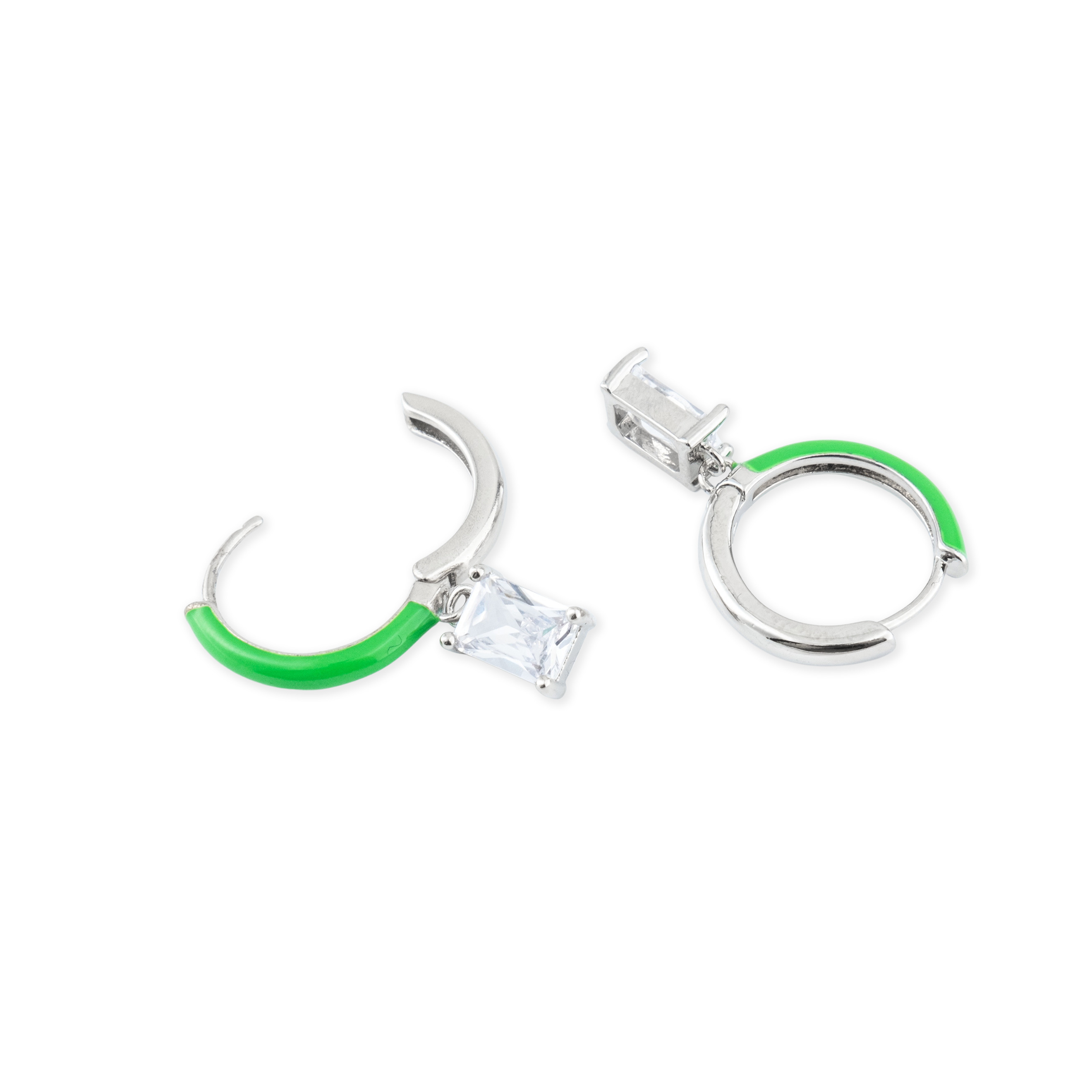 enamel earrings with a baguette cut pendant