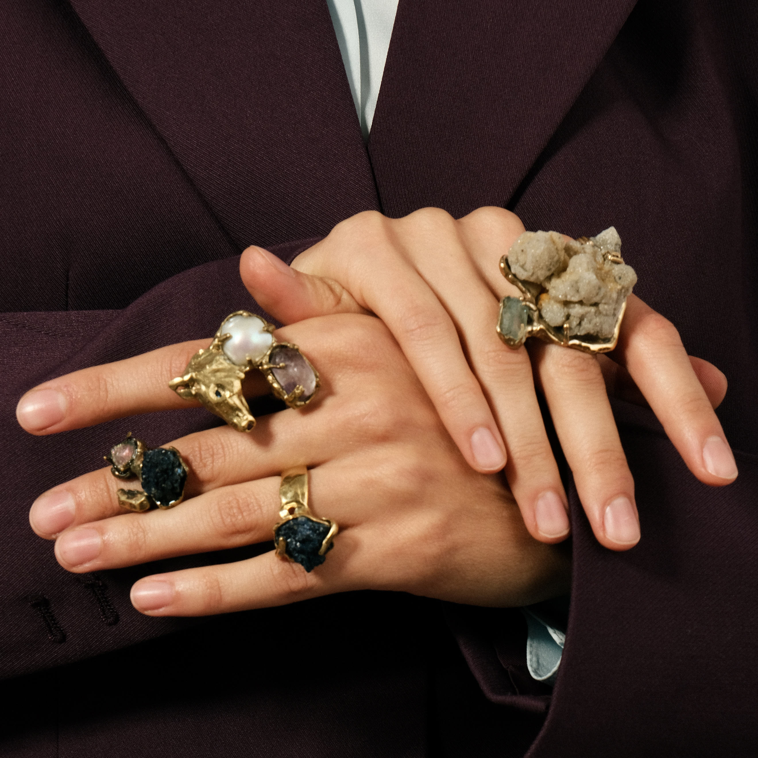 Brass ring with inserts: amethyst and pearls