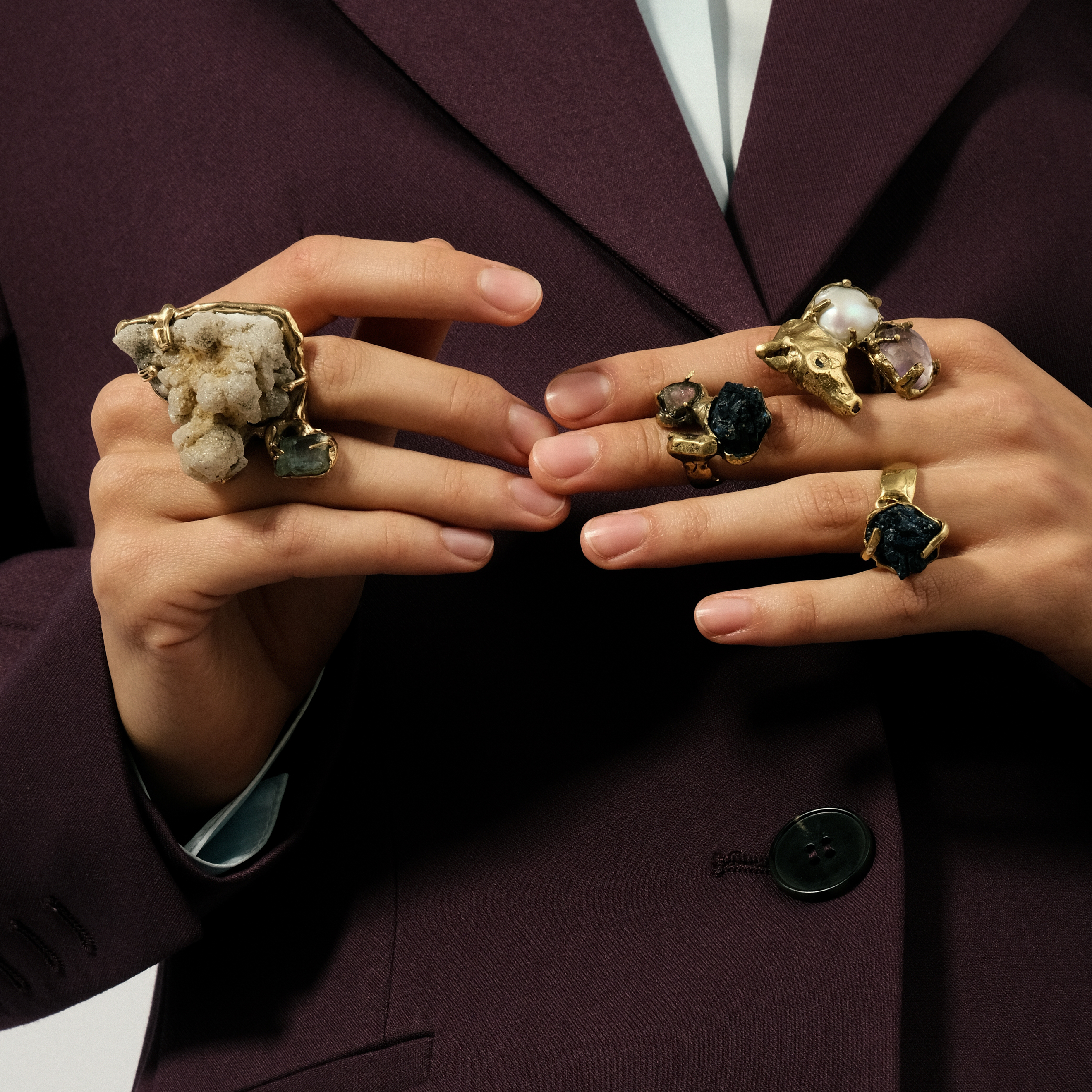 Brass ring with inserts: amethyst and pearls